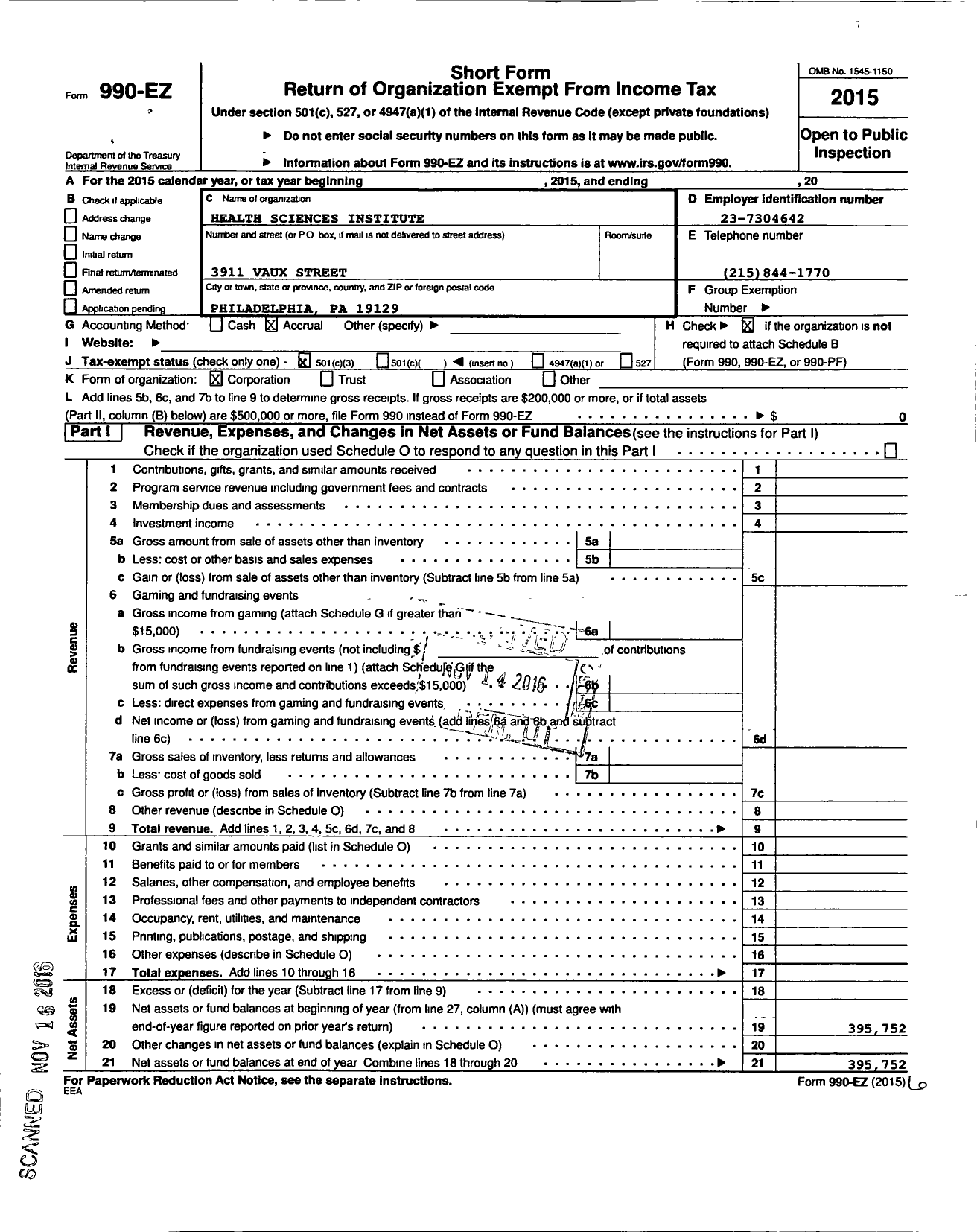 Image of first page of 2015 Form 990EZ for Health Sciences Institute