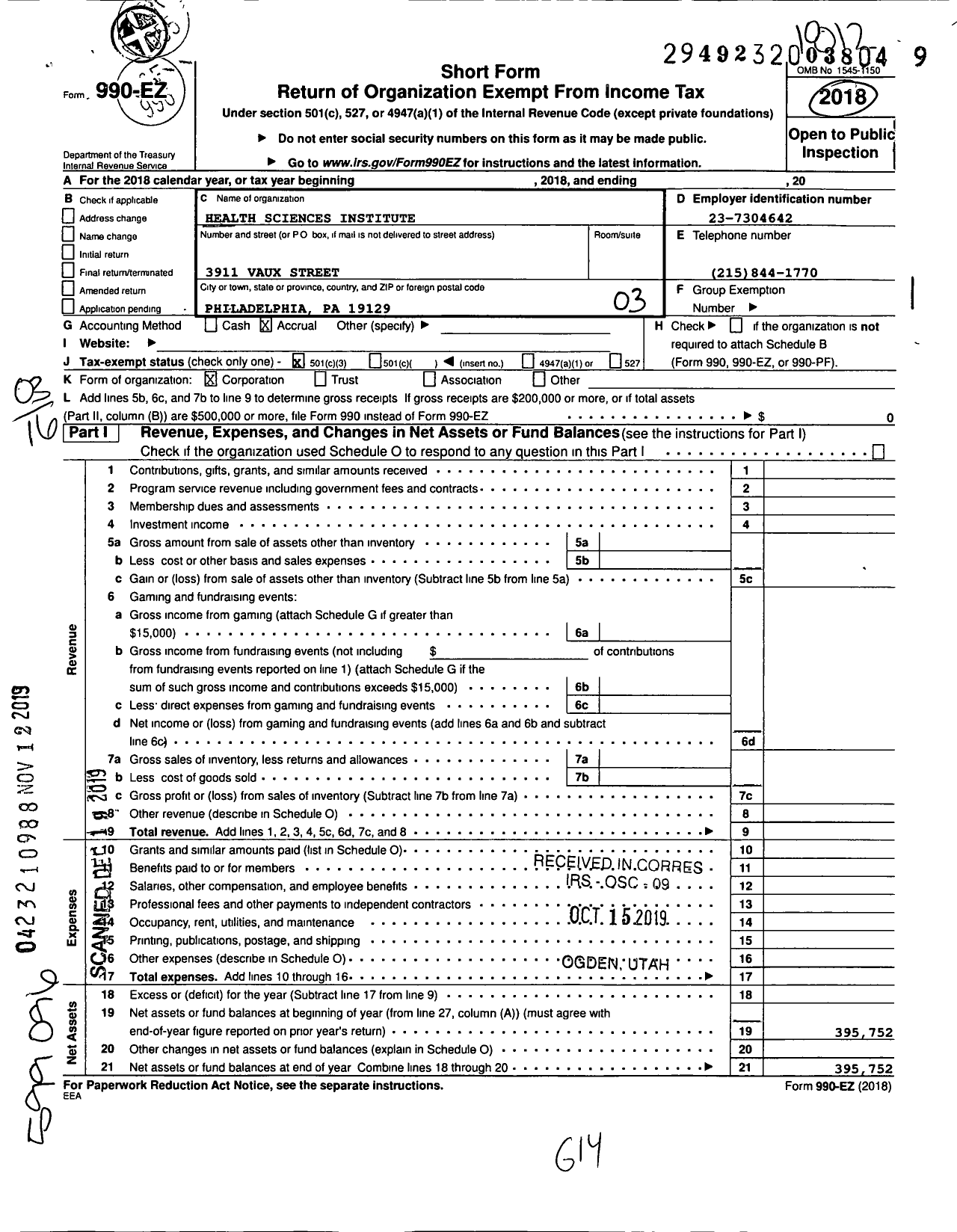 Image of first page of 2018 Form 990EZ for Health Sciences Institute