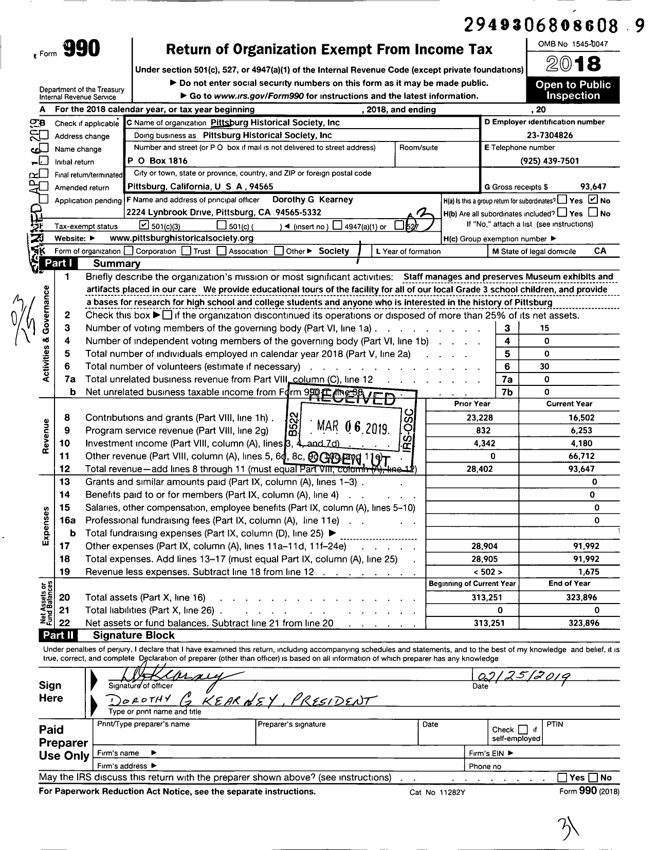 Image of first page of 2018 Form 990 for Pittsburg Historical Society&museum