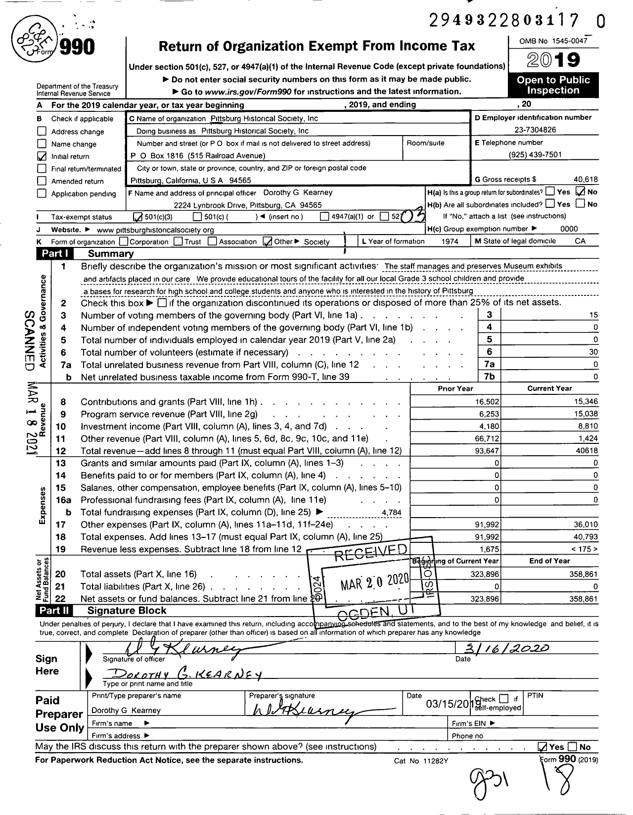 Image of first page of 2019 Form 990 for Pittsburg Historical Society&museum