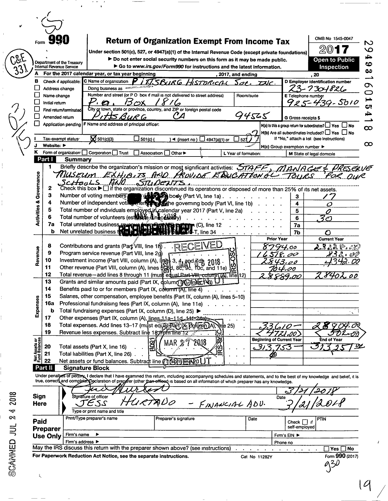 Image of first page of 2017 Form 990 for Pittsburg Historical Society&museum