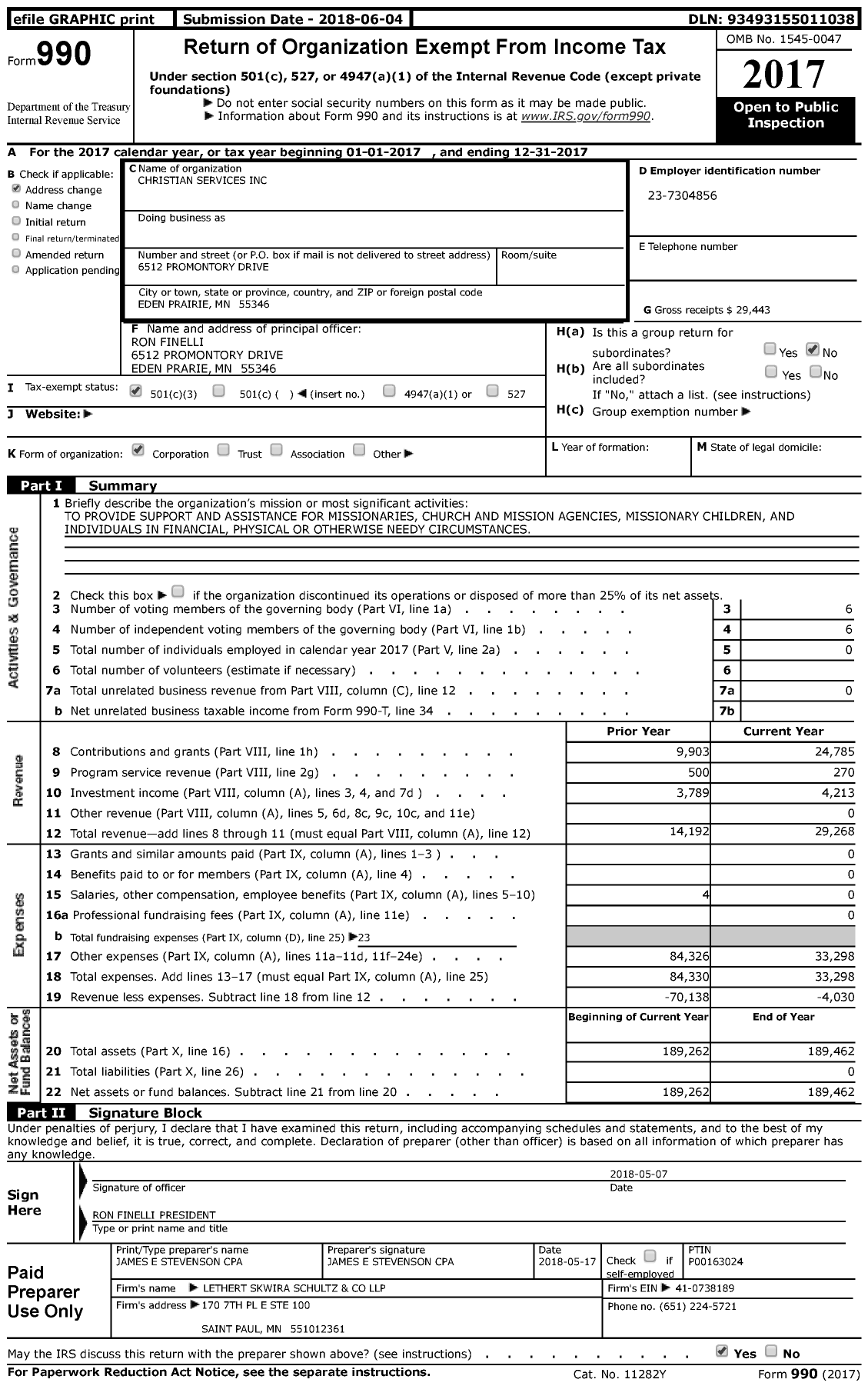 Image of first page of 2017 Form 990 for Christian Services