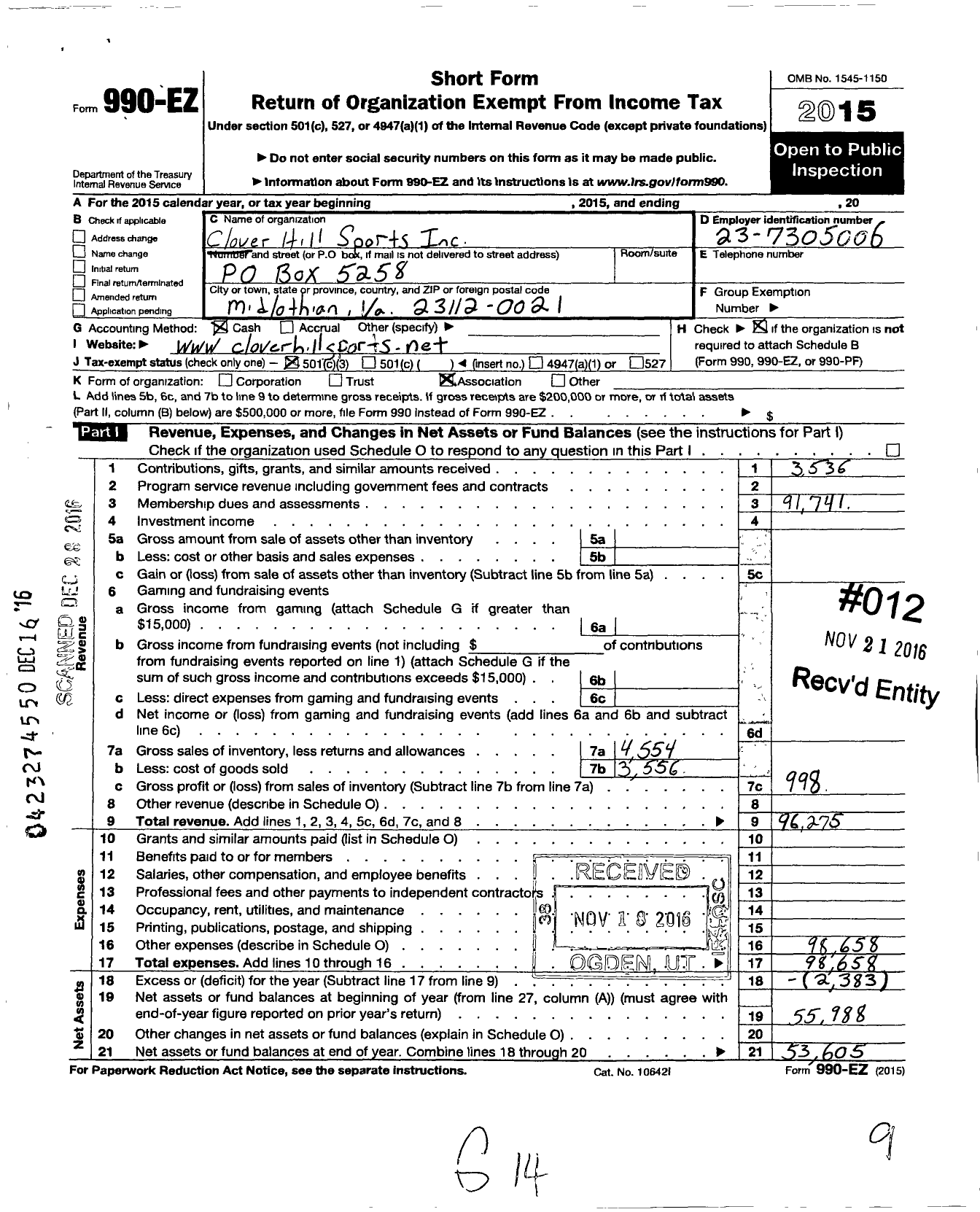 Image of first page of 2015 Form 990EZ for Clover Hill Sports