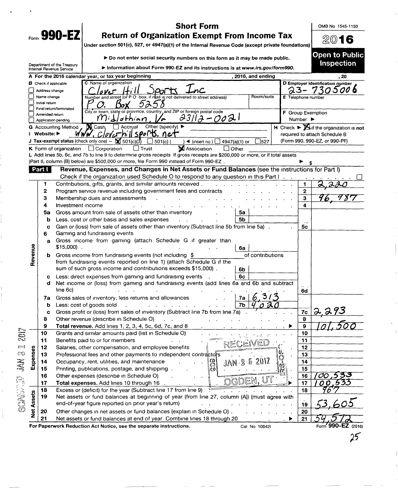 Image of first page of 2016 Form 990EZ for Clover Hill Sports