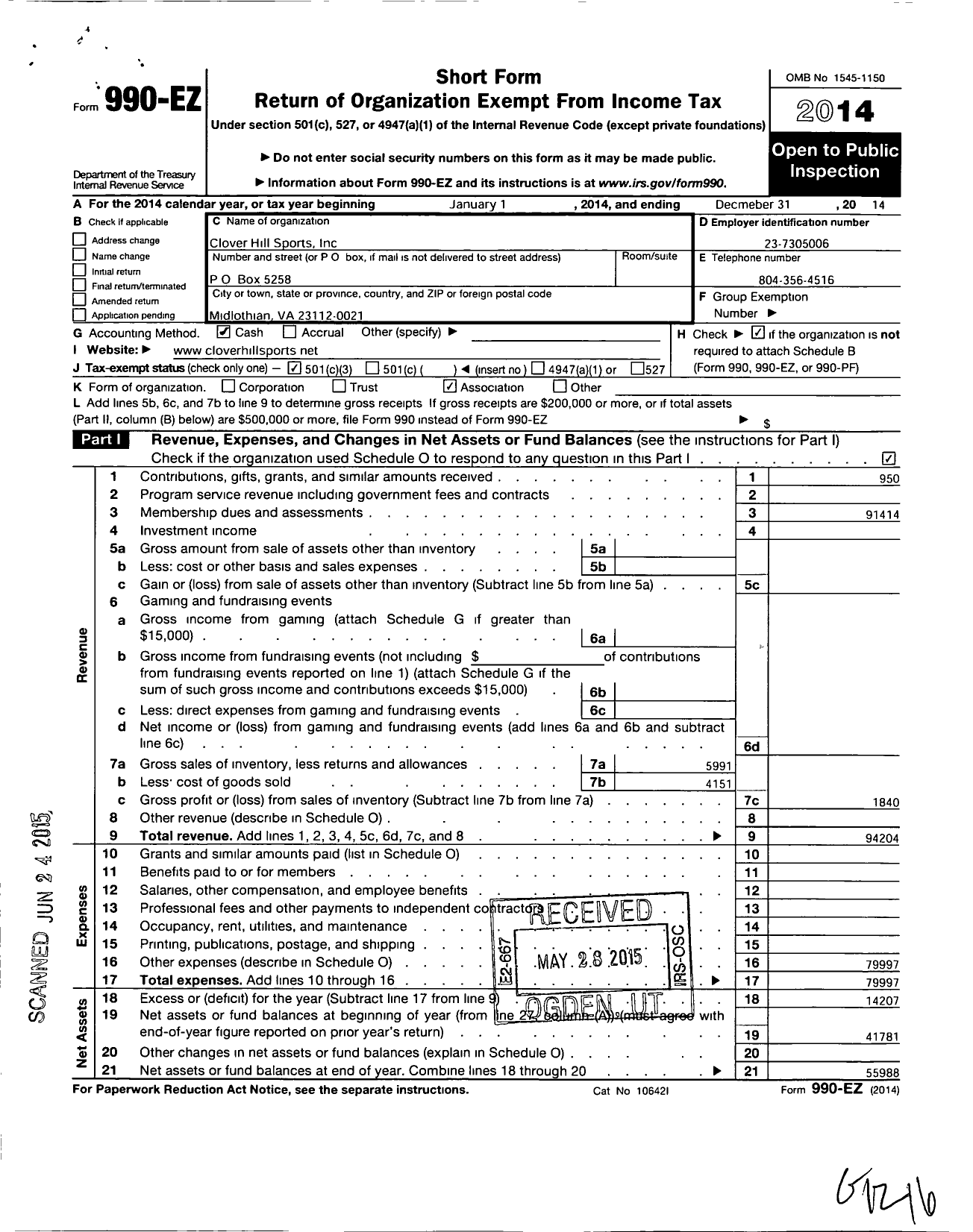 Image of first page of 2014 Form 990EZ for Clover Hill Sports