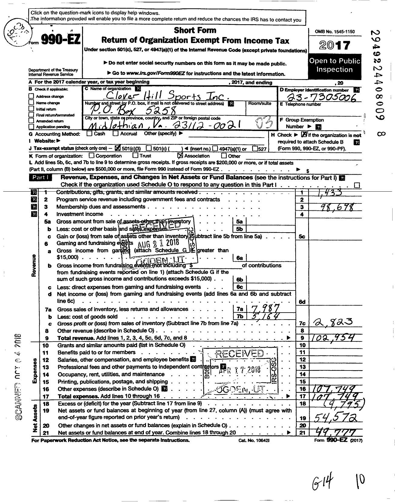 Image of first page of 2017 Form 990EZ for Clover Hill Sports