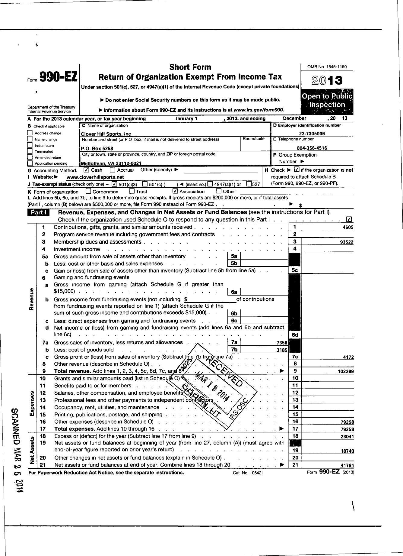 Image of first page of 2013 Form 990EZ for Clover Hill Sports