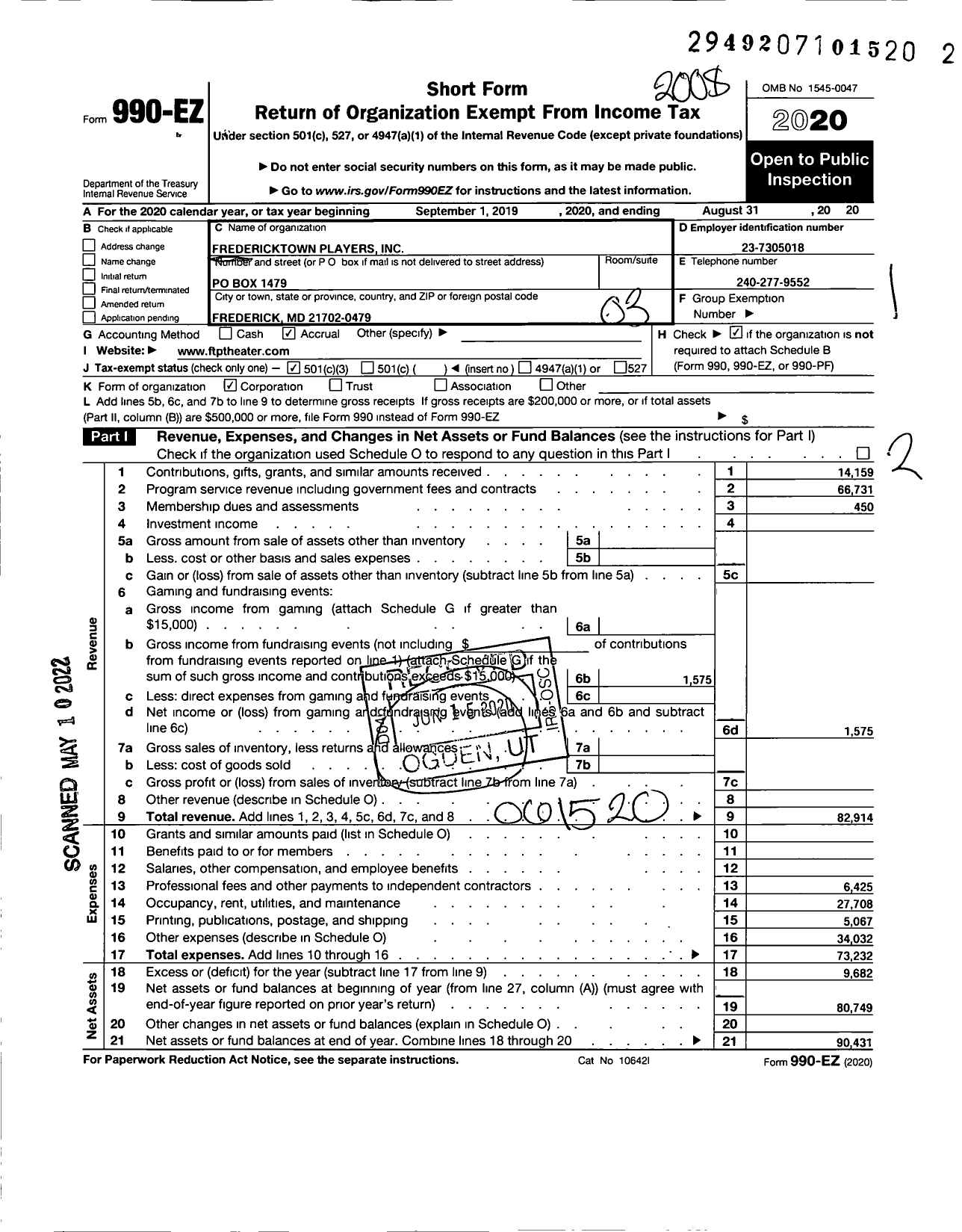 Image of first page of 2019 Form 990EZ for Fredericktowne Players