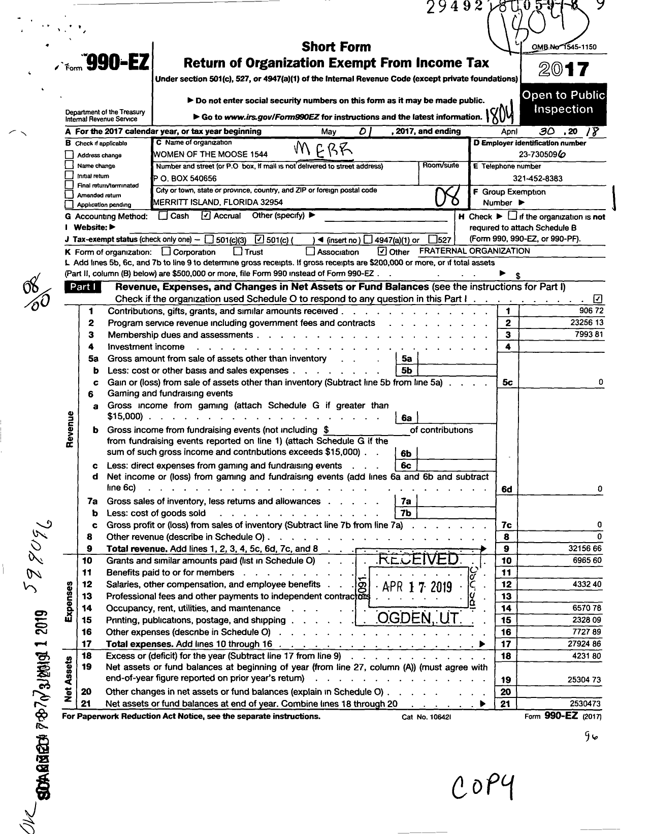 Image of first page of 2017 Form 990EO for Loyal Order of Moose - 1544