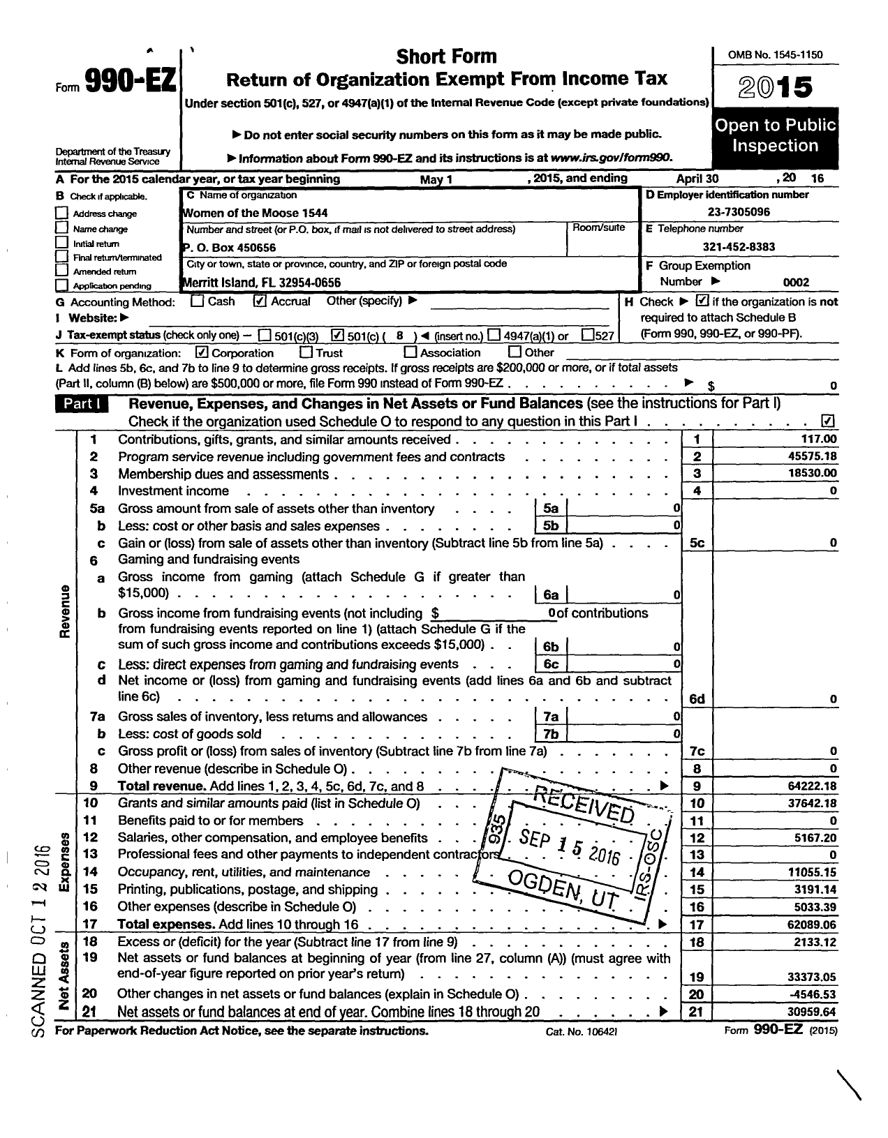 Image of first page of 2015 Form 990EO for Loyal Order of Moose - 1544