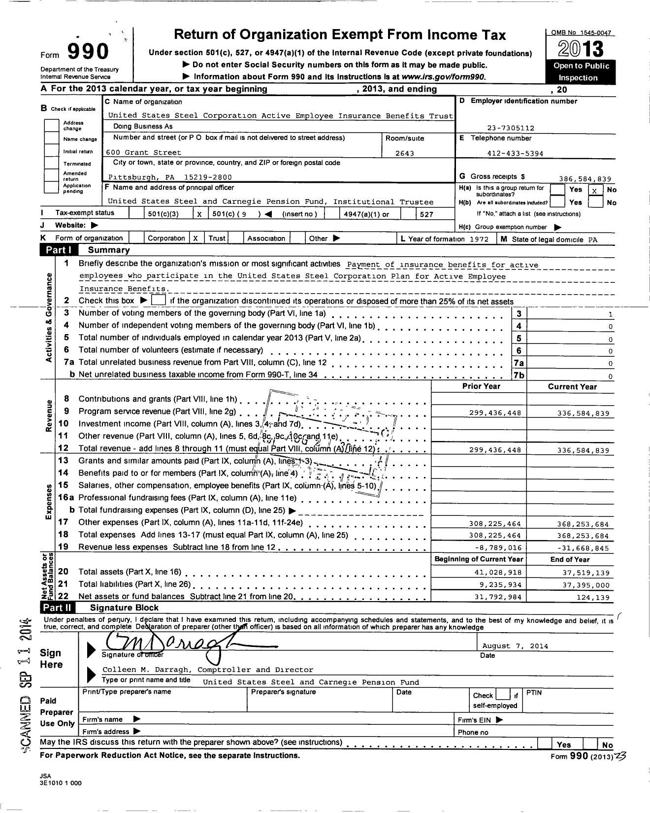 Image of first page of 2013 Form 990O for United States Steel Corporation Active Employee Insurance Benefits Trust