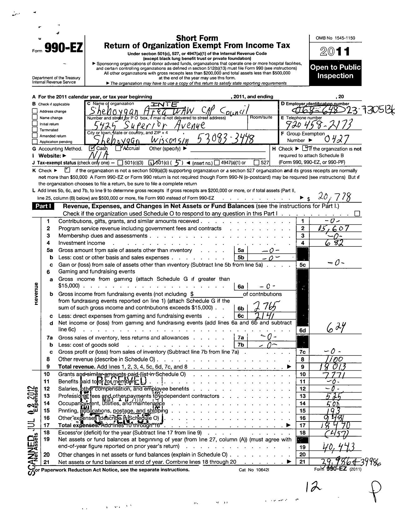 Image of first page of 2011 Form 990EO for Uaw - Sheboygan Area Cap