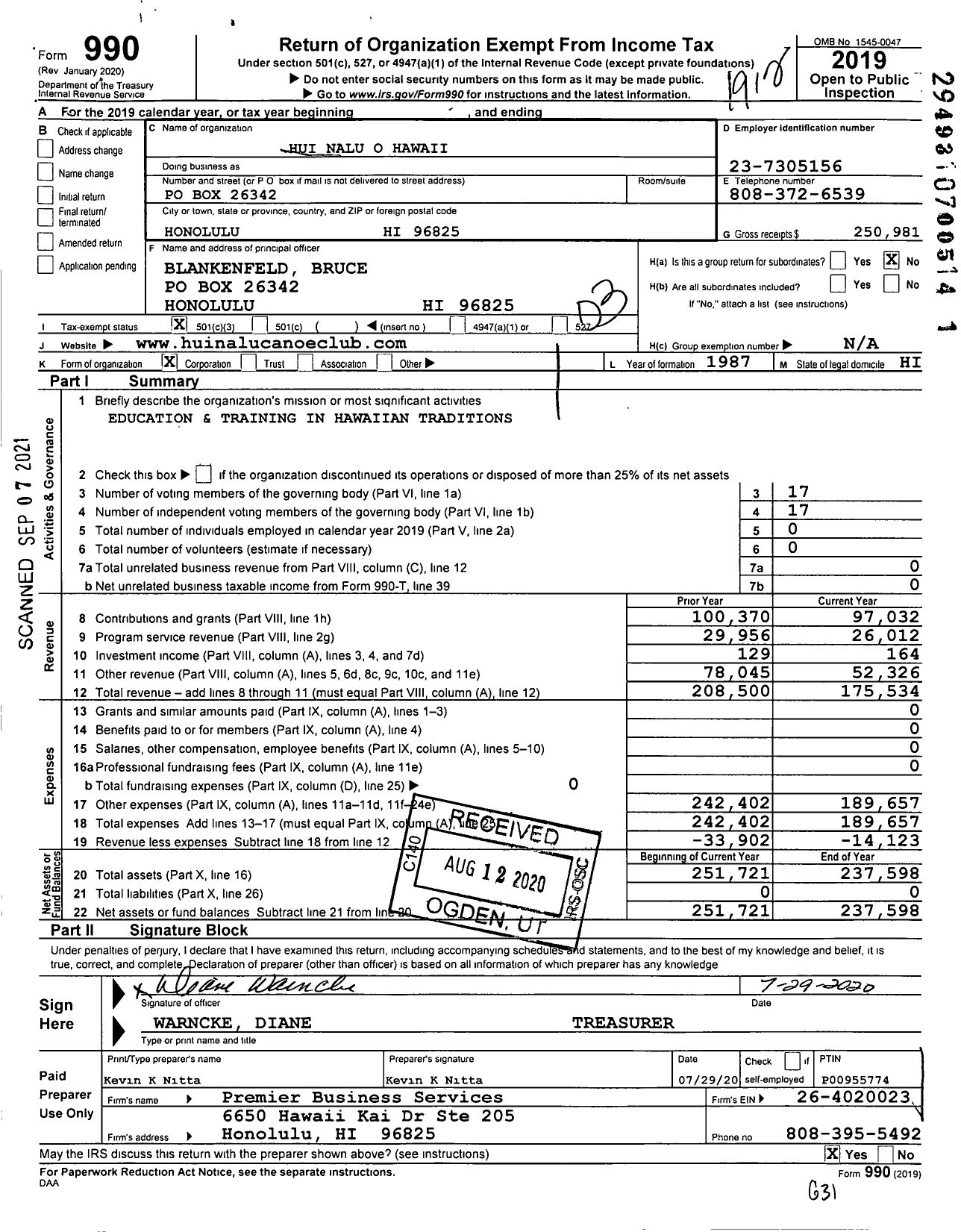 Image of first page of 2019 Form 990 for Hui Nalu O Hawaii