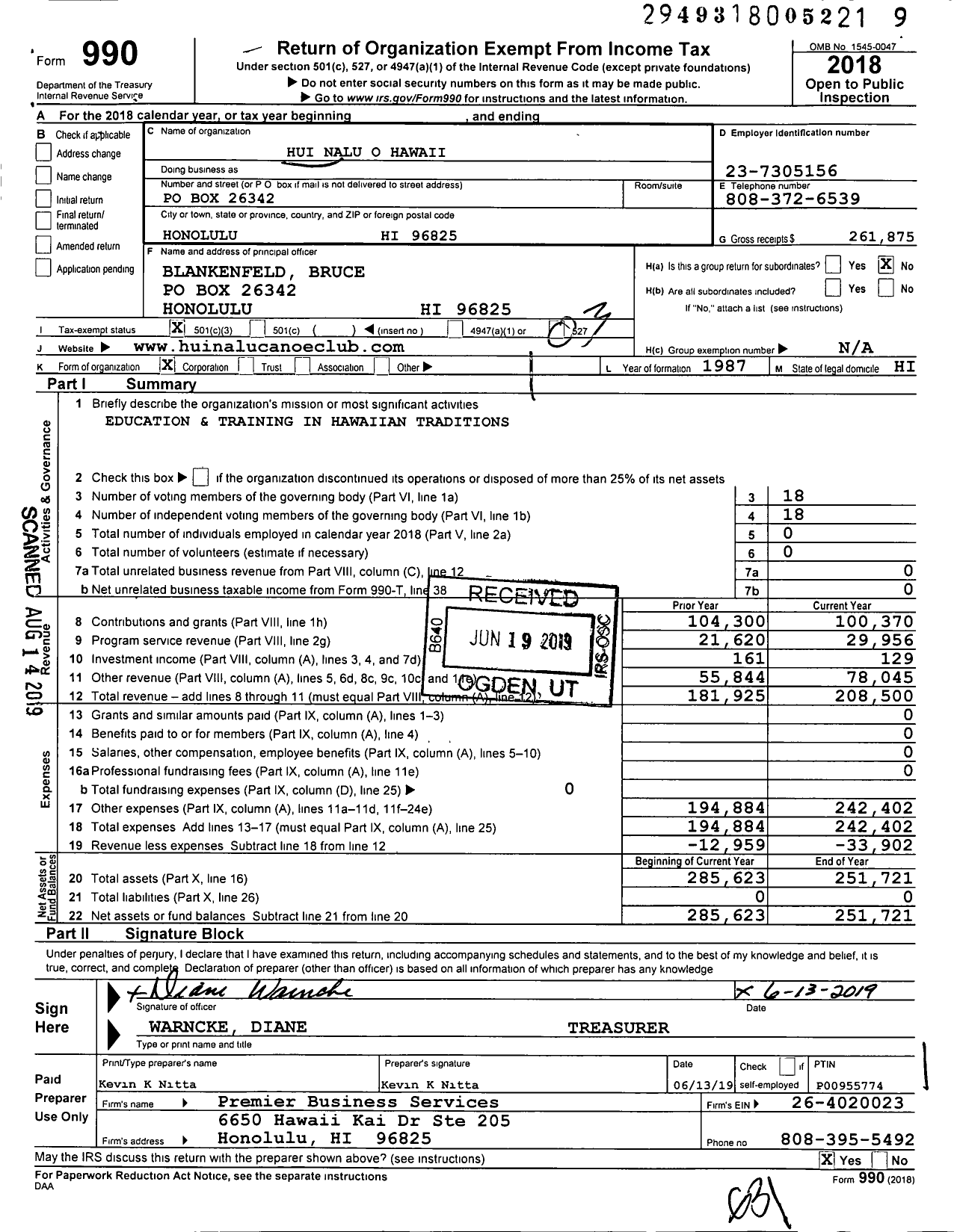 Image of first page of 2018 Form 990 for Hui Nalu O Hawaii