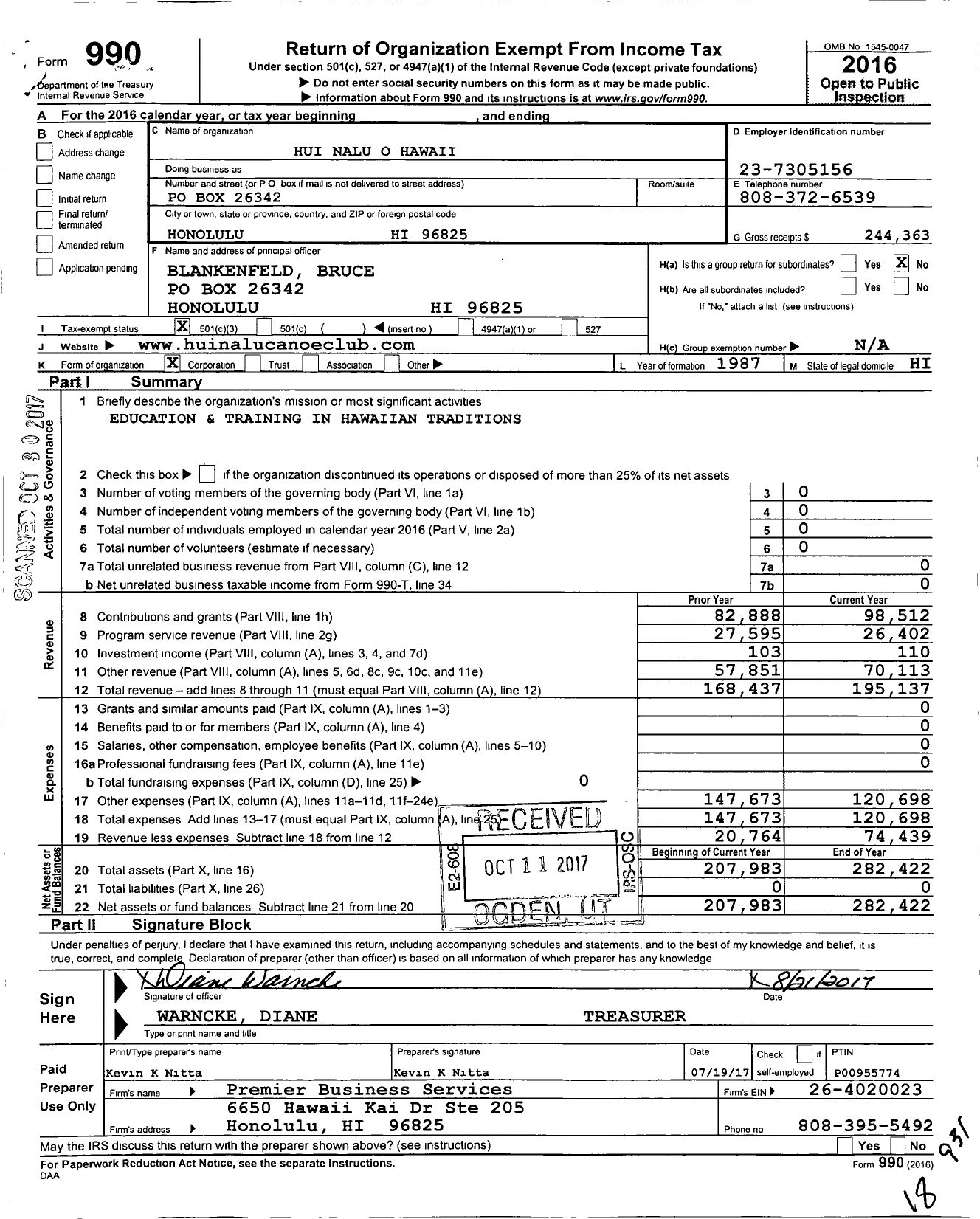 Image of first page of 2016 Form 990 for Hui Nalu O Hawaii