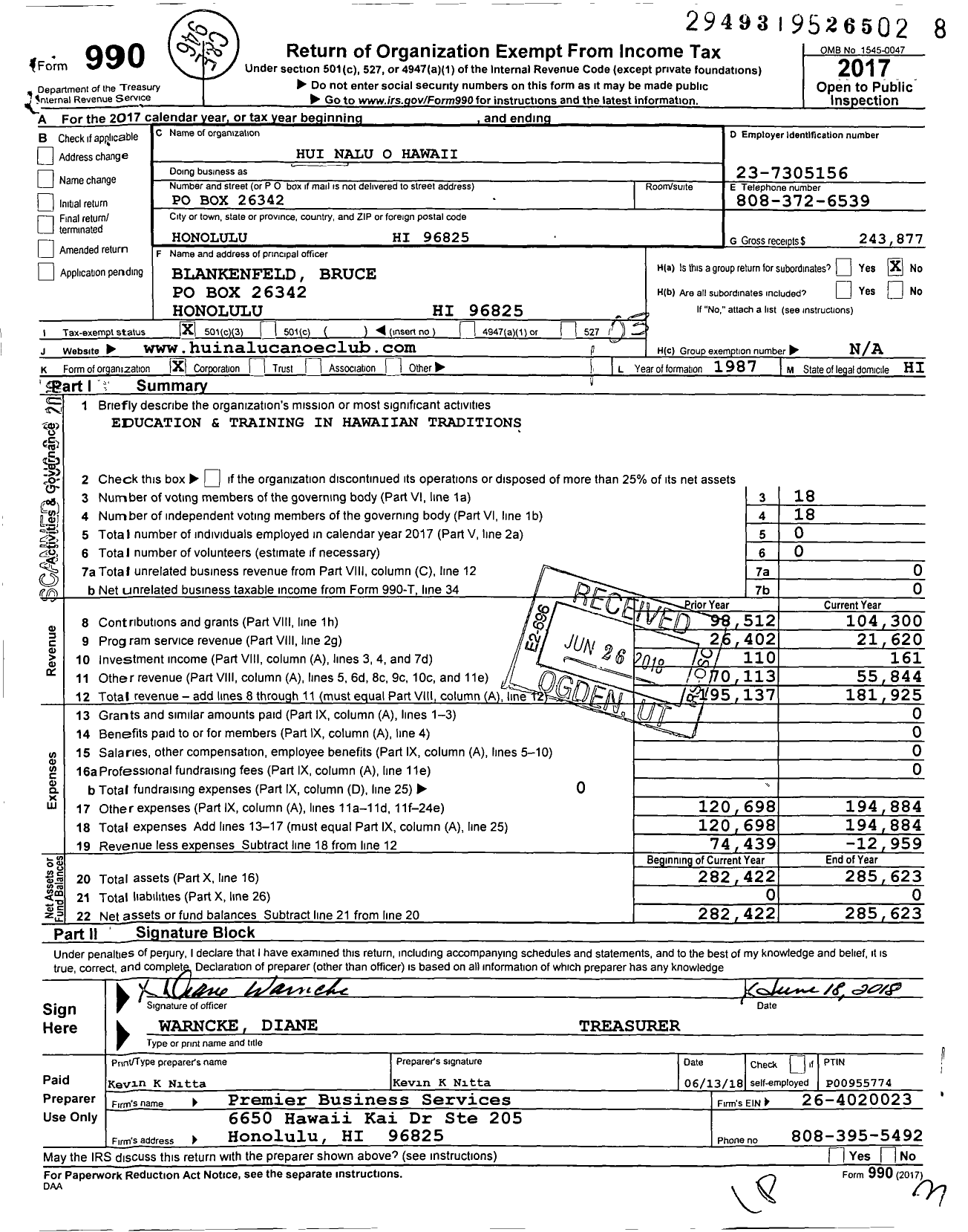 Image of first page of 2017 Form 990 for Hui Nalu O Hawaii