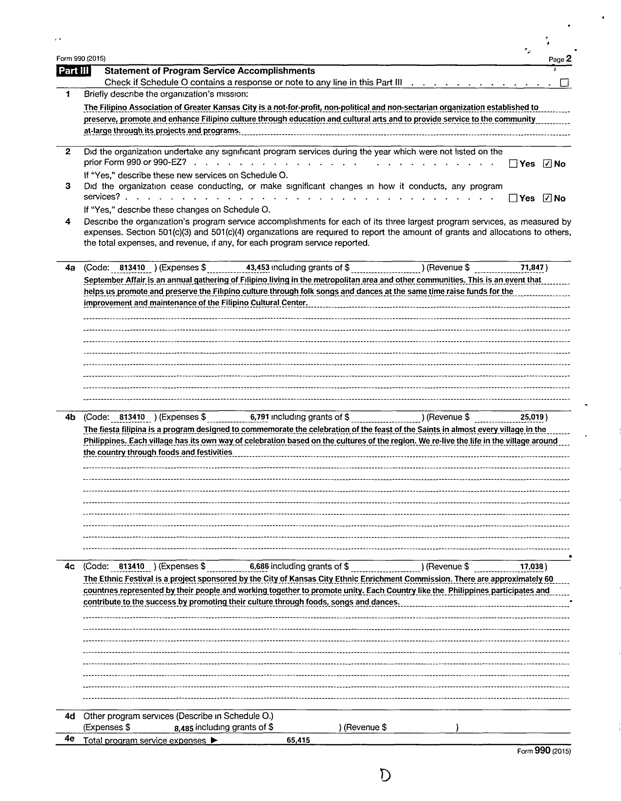 Image of first page of 2015 Form 990R for Filipino Association of Greater Kansas City Incorporated