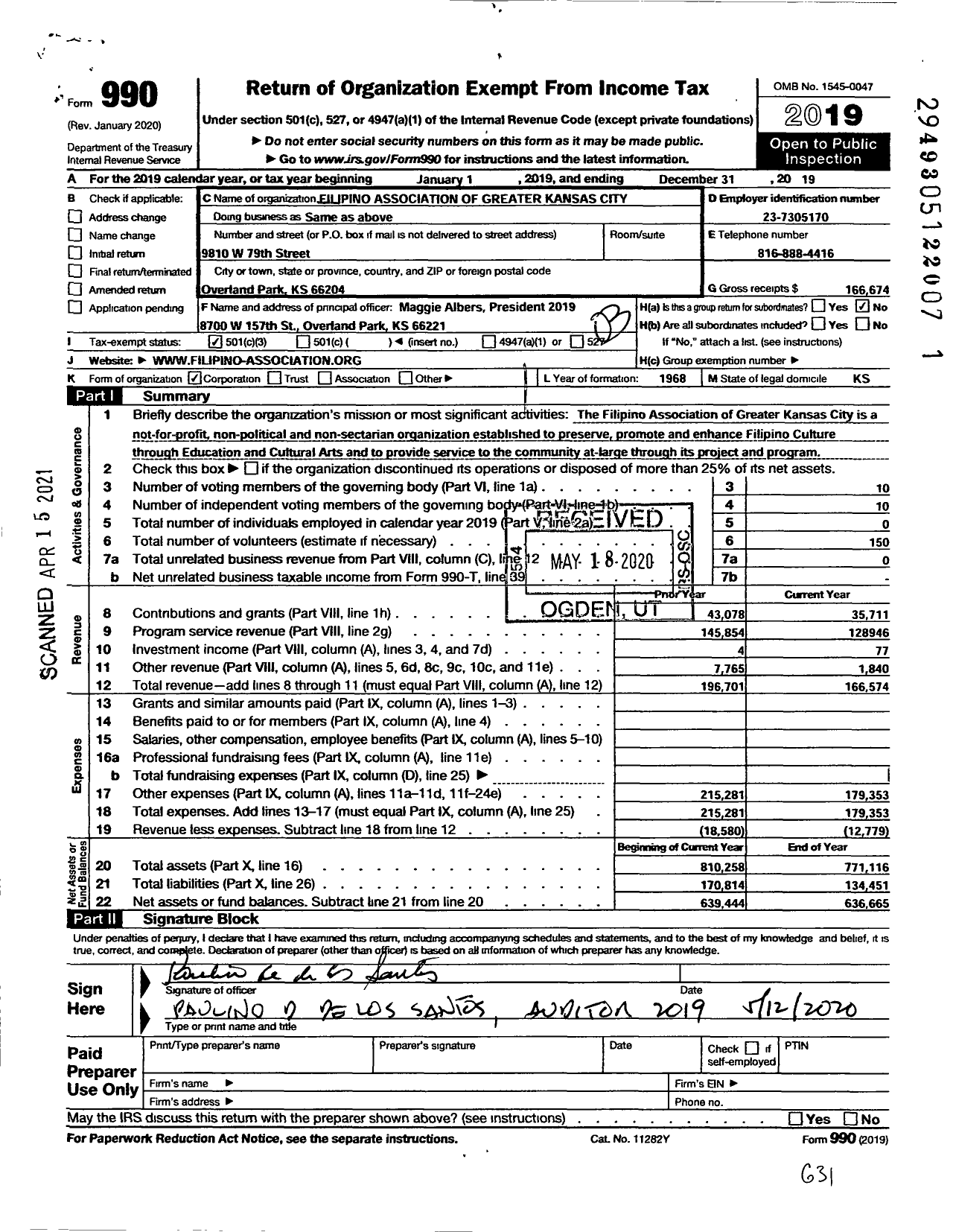 Image of first page of 2019 Form 990 for Filipino Association of Greater Kansas City Incorporated