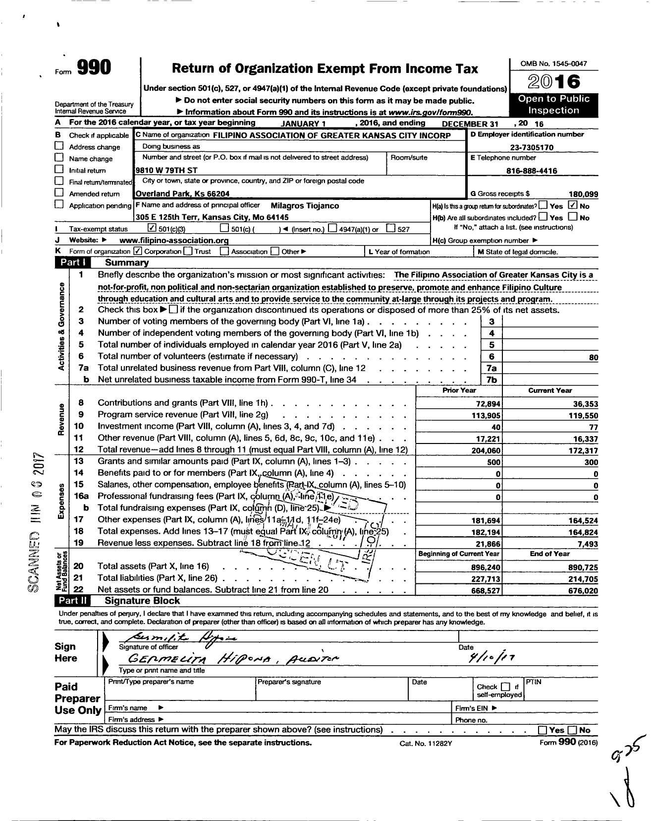 Image of first page of 2016 Form 990 for Filipino Association of Greater Kansas City Incorporated