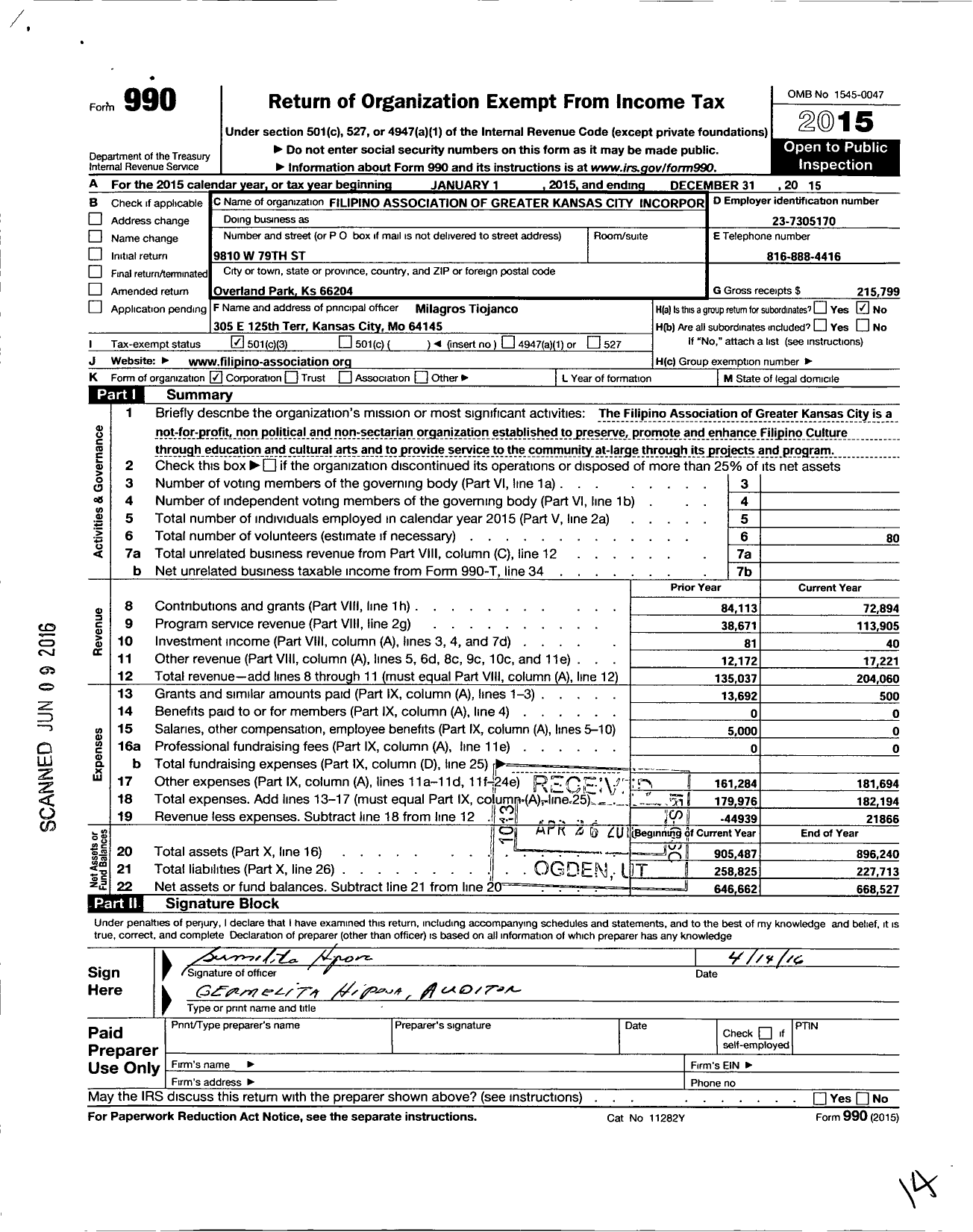 Image of first page of 2015 Form 990 for Filipino Association of Greater Kansas City Incorporated