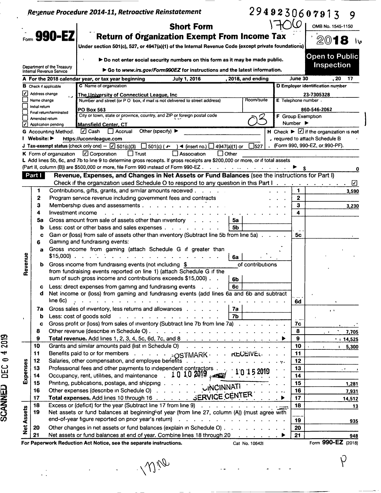 Image of first page of 2016 Form 990EZ for University of Connecticut League