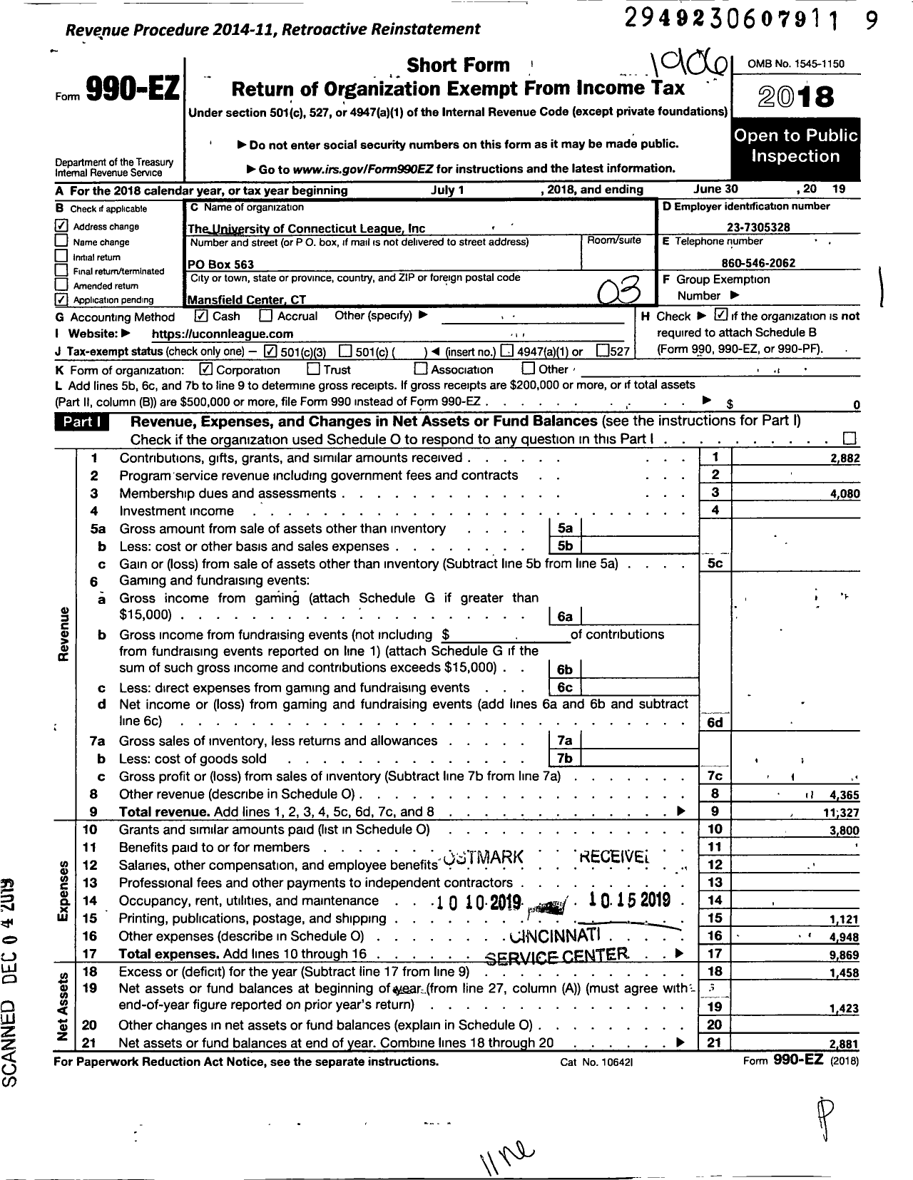 Image of first page of 2018 Form 990EZ for University of Connecticut League