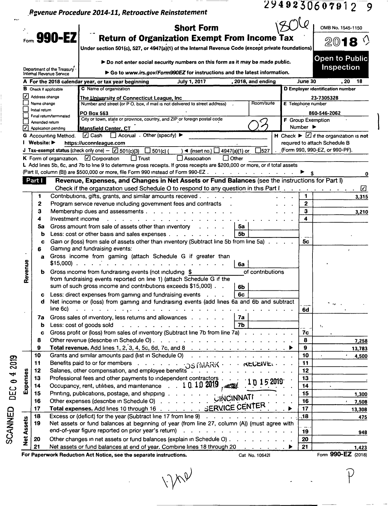 Image of first page of 2017 Form 990EZ for University of Connecticut League