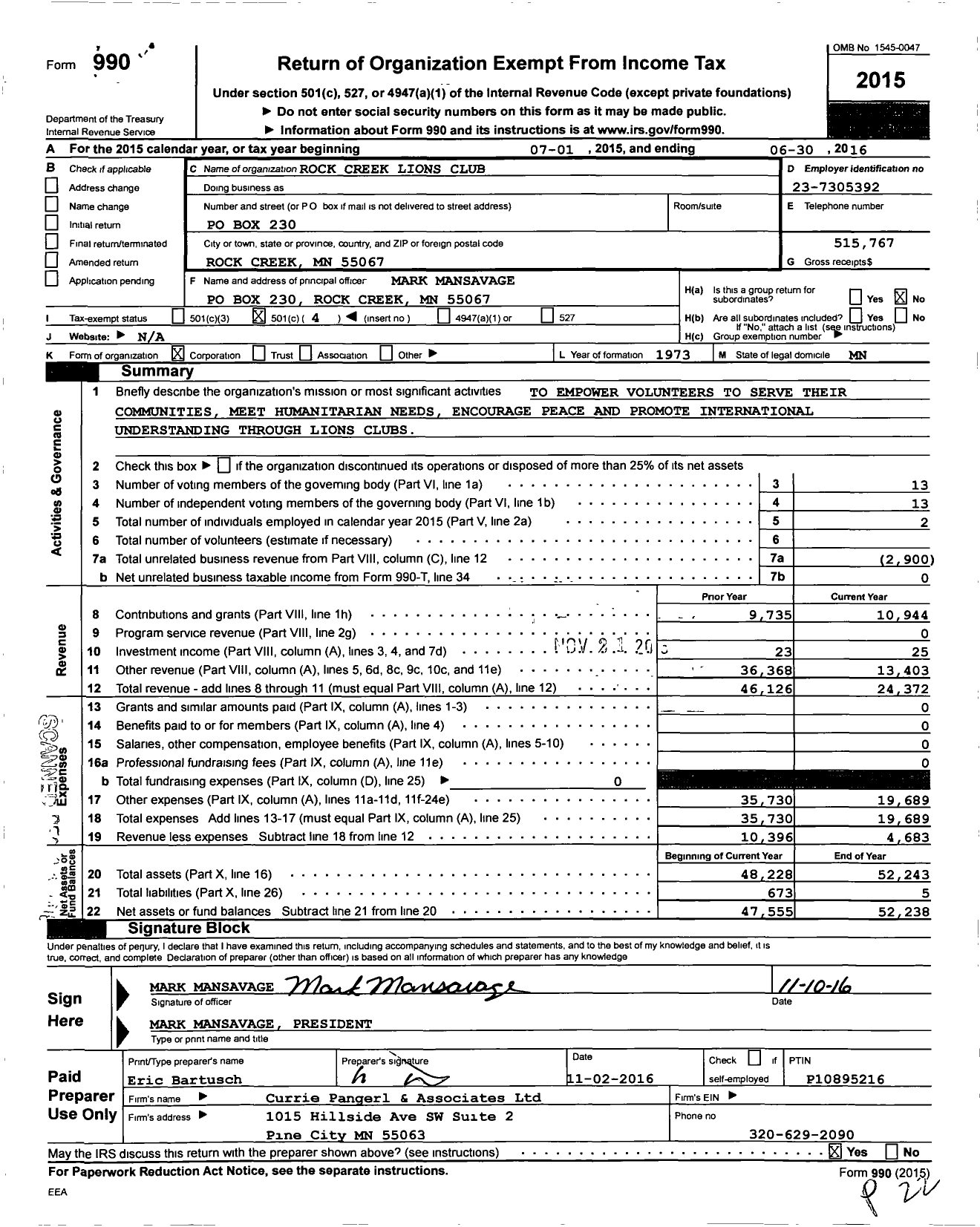 Image of first page of 2015 Form 990O for Lions Clubs - 2868 Rock Creek