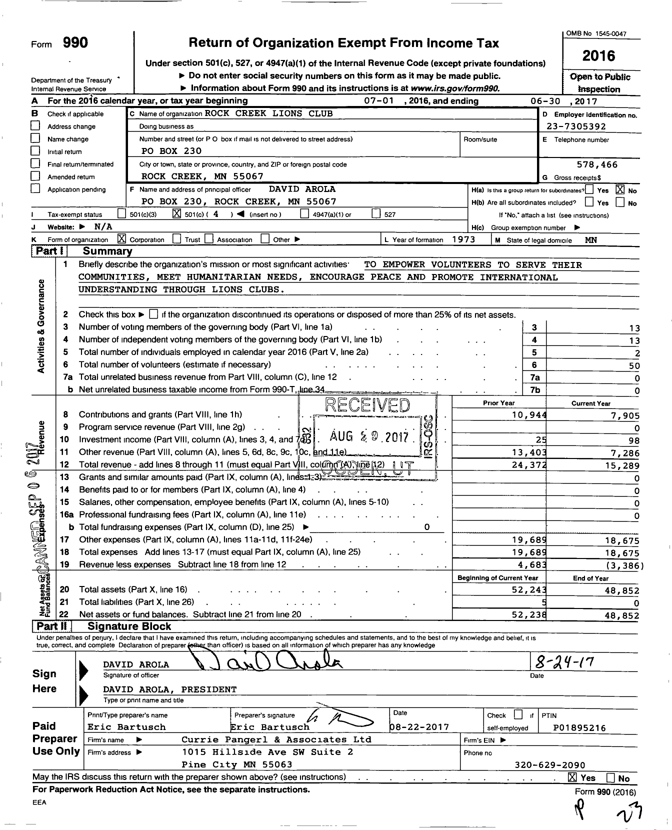 Image of first page of 2016 Form 990O for Lions Clubs - 2868 Rock Creek