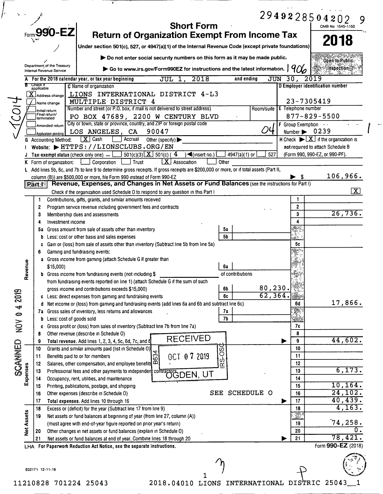 Image of first page of 2018 Form 990EO for District 4-l3 of Multiple District4 California Lions Clubs Lci