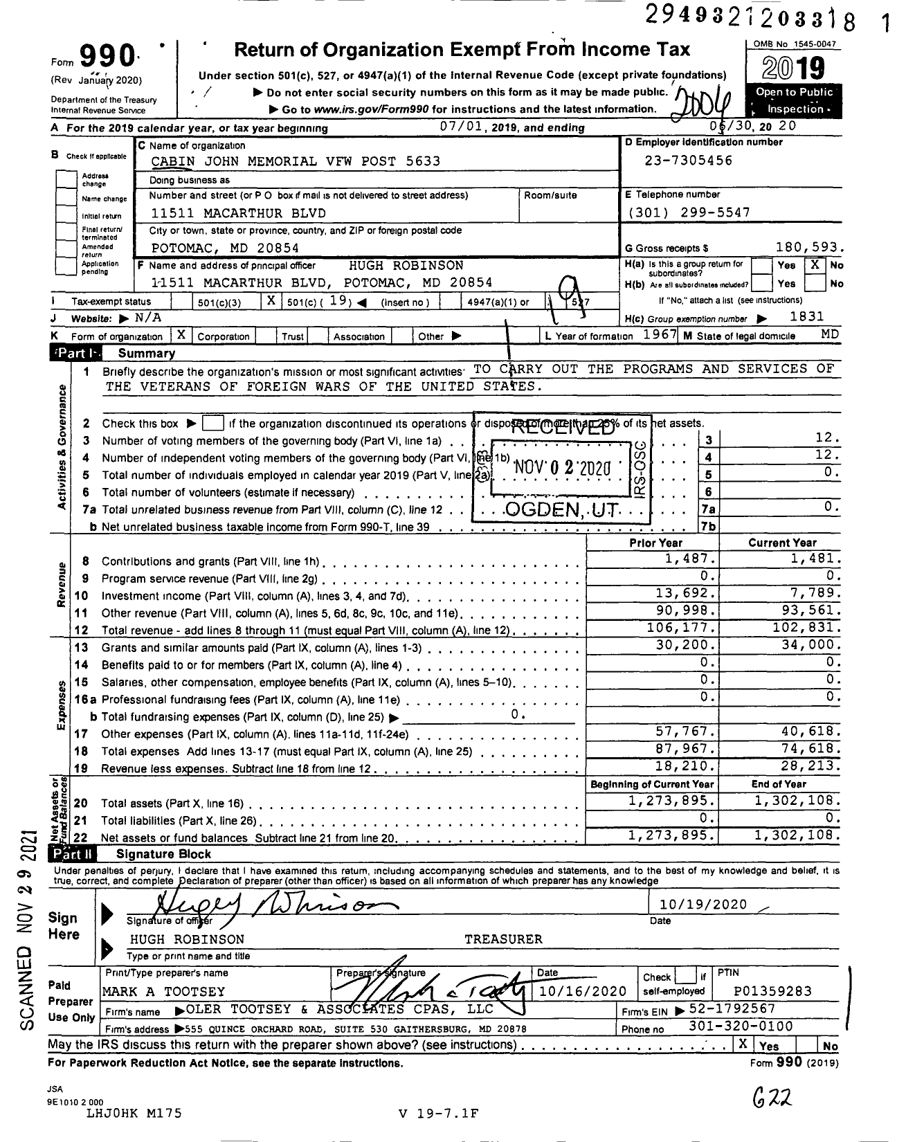 Image of first page of 2019 Form 990O for VFW Department of Maryland - 5633 Cabin John Memorial VFW MD