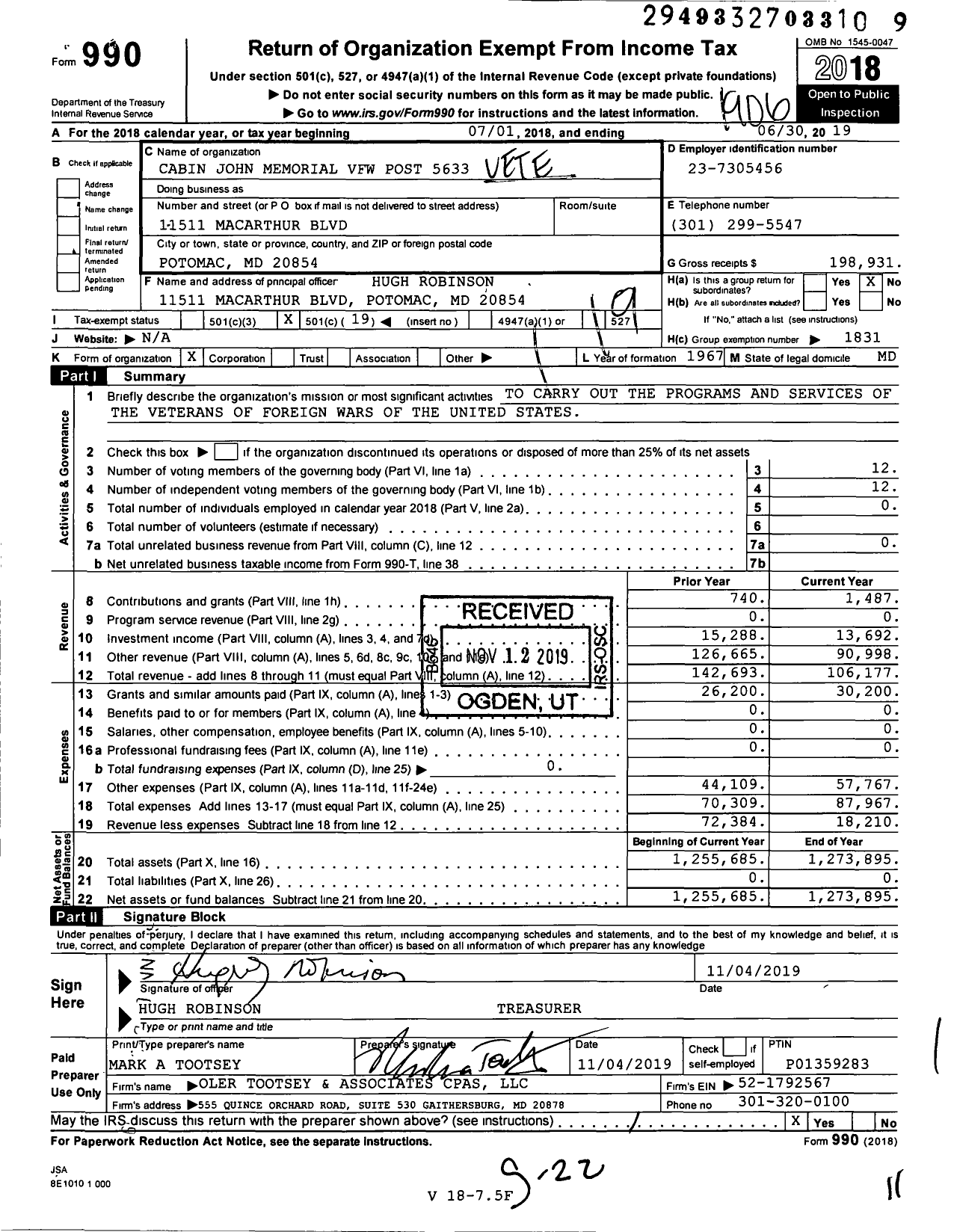 Image of first page of 2018 Form 990O for VFW Department of Maryland - 5633 Cabin John Memorial VFW MD