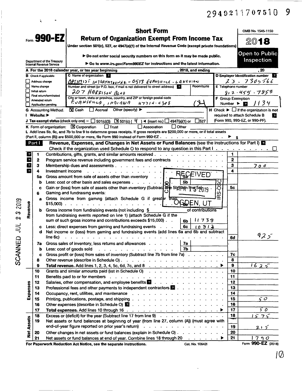 Image of first page of 2018 Form 990EO for Optimist International - 05315 Optimist Club of Evansville L