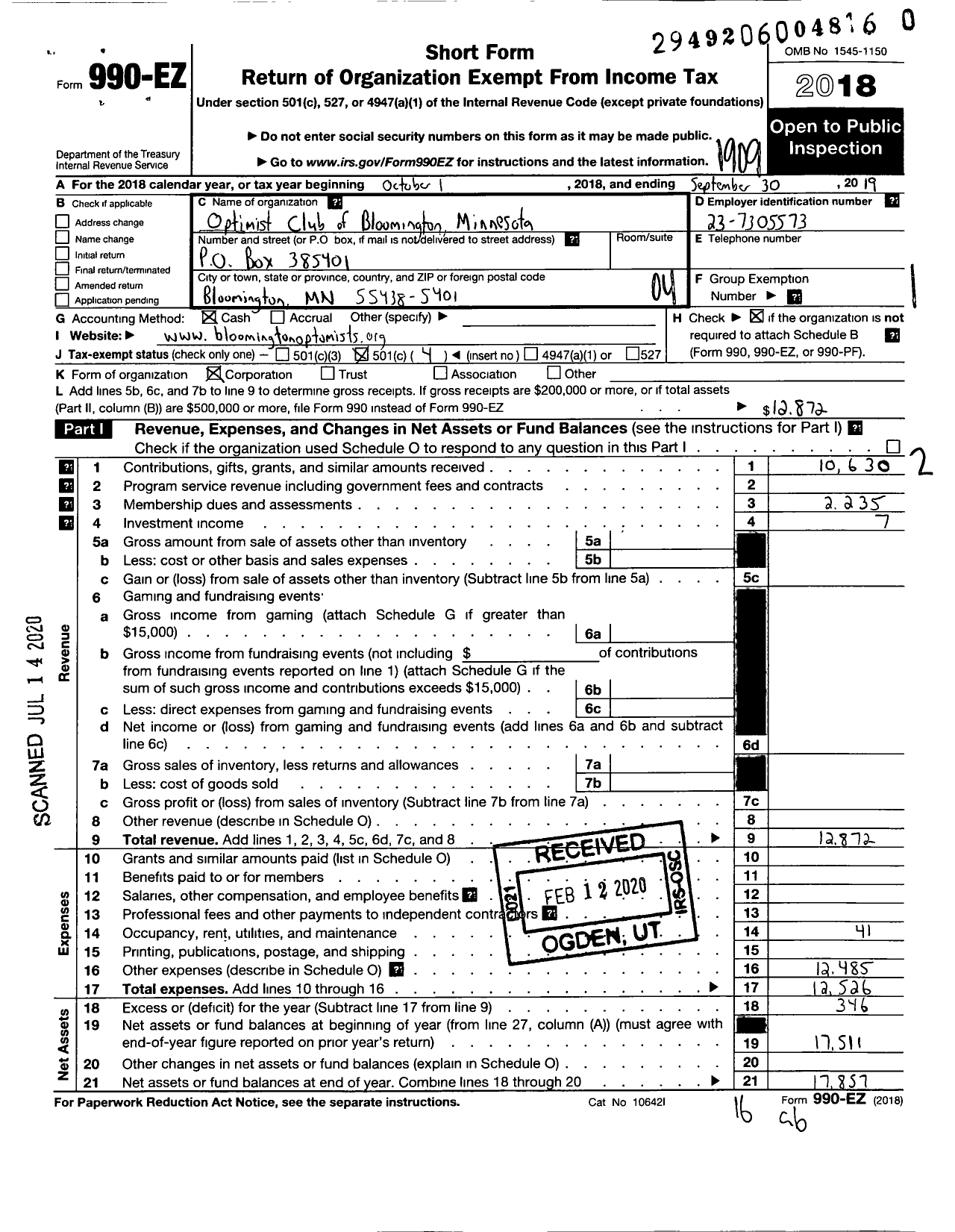 Image of first page of 2018 Form 990EO for Optimist International - 35156 Optimist Club of Bloomington