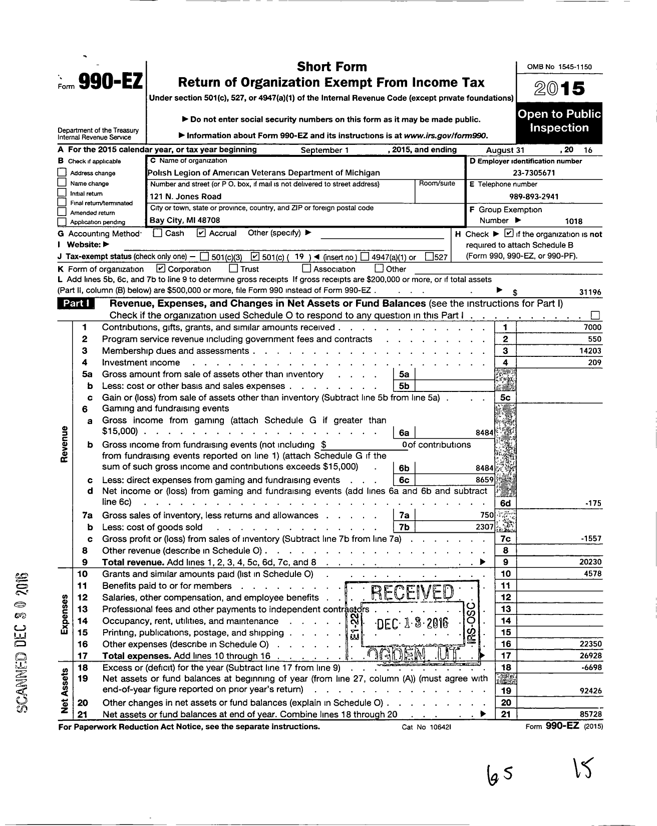 Image of first page of 2015 Form 990EO for Polish Legion of American Veterans Department of Michigan