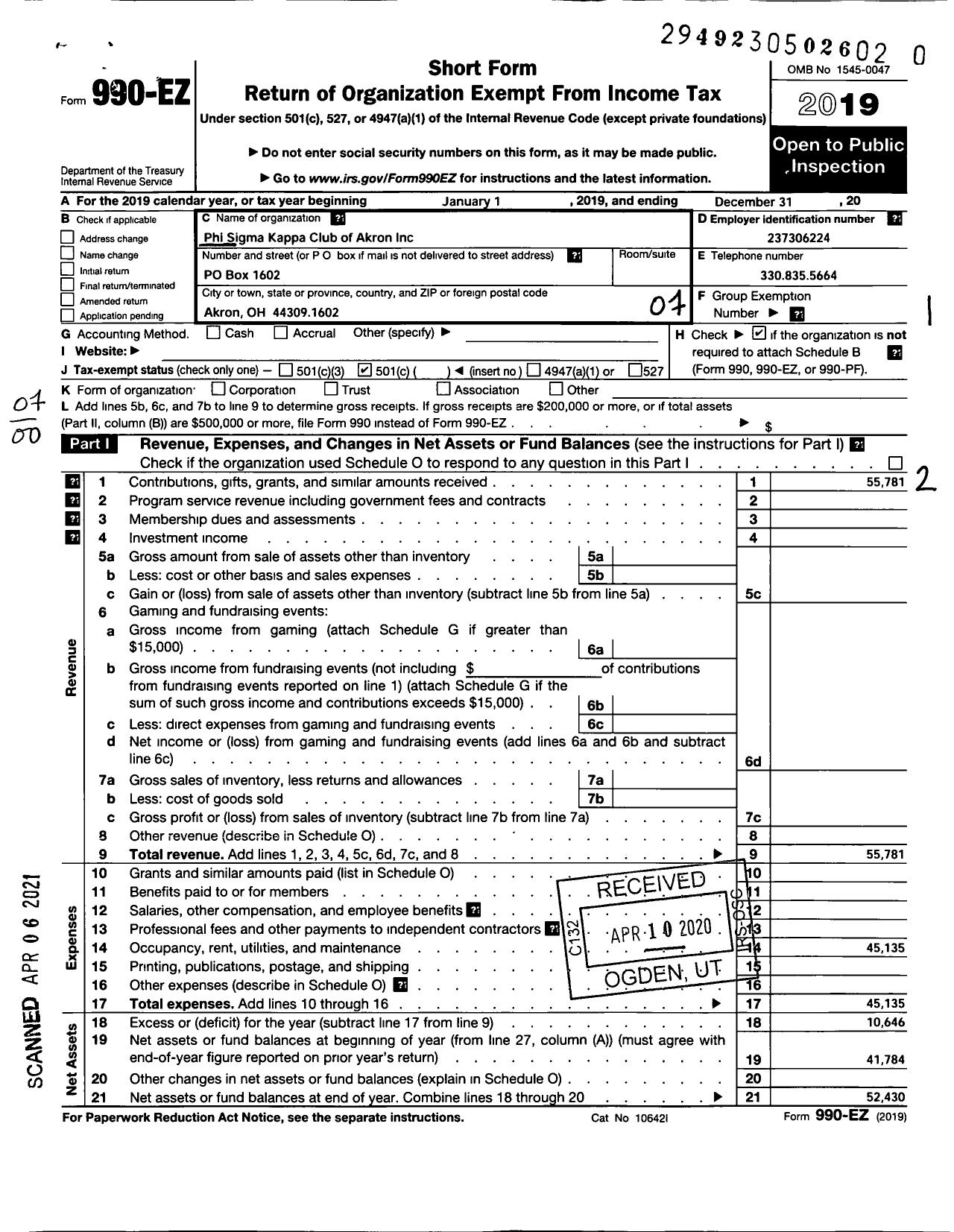 Image of first page of 2019 Form 990EO for PHI SIGMA KAPPA - 155 PSK Club of Akron