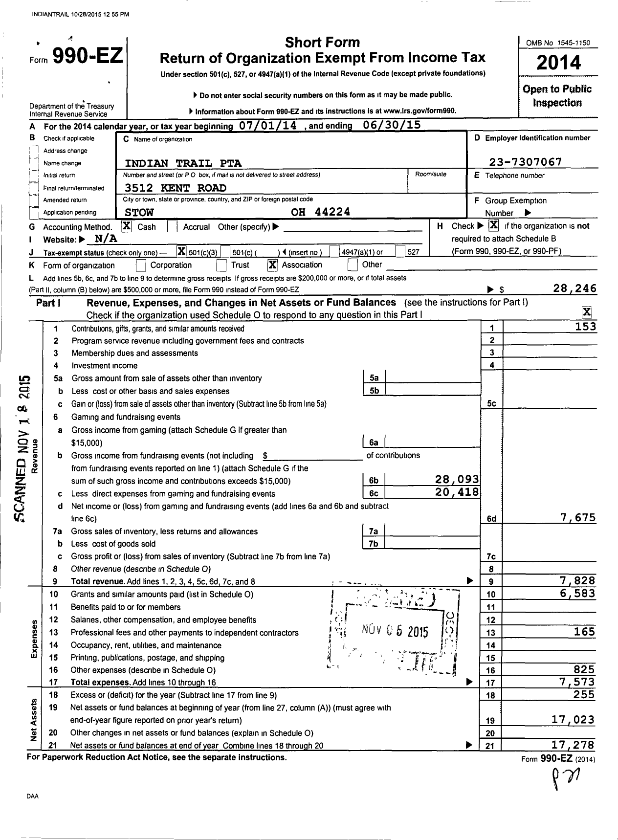 Image of first page of 2014 Form 990EZ for PTA Ohio Congress / Indian Trail El