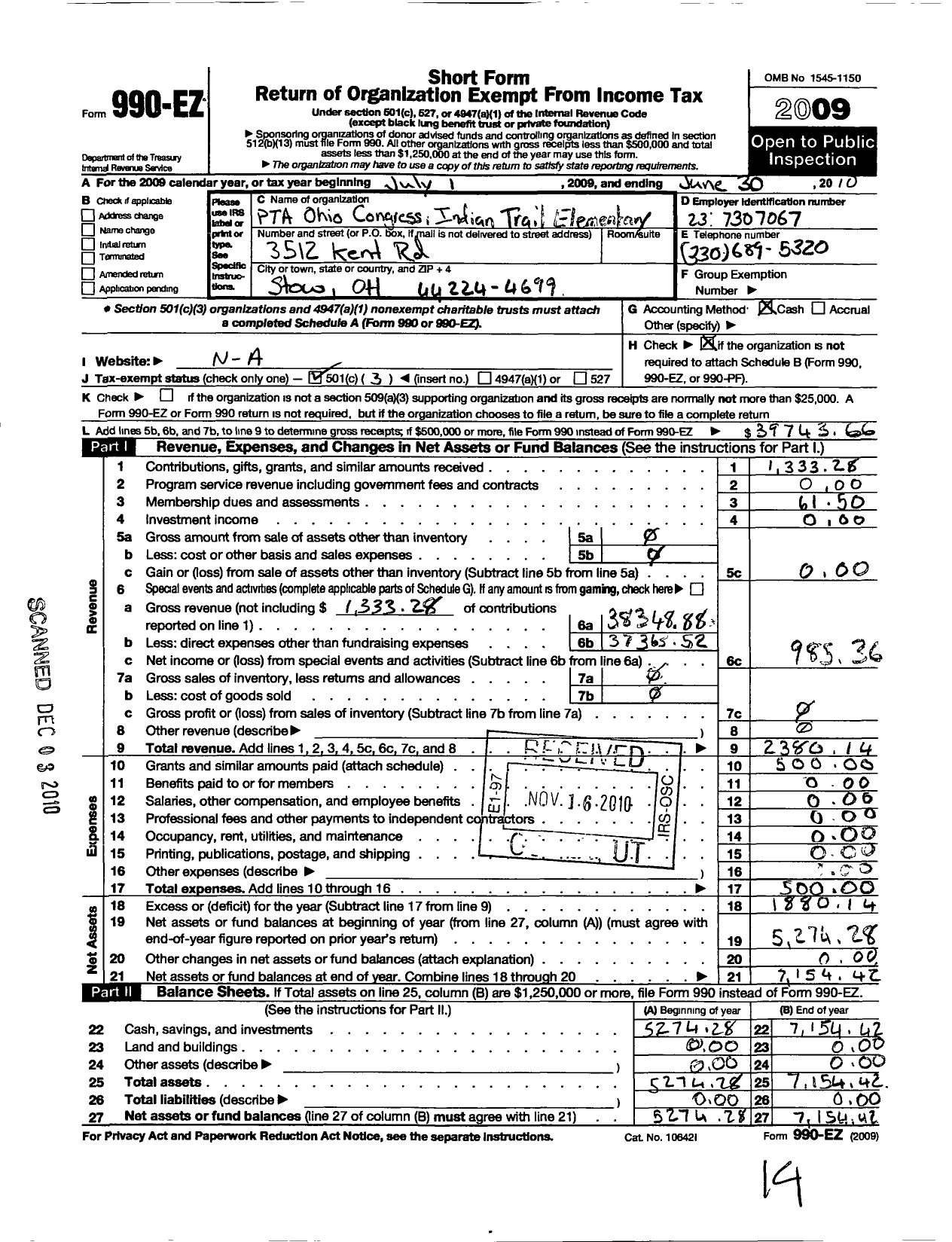 Image of first page of 2009 Form 990EZ for PTA Ohio Congress / Indian Trail El