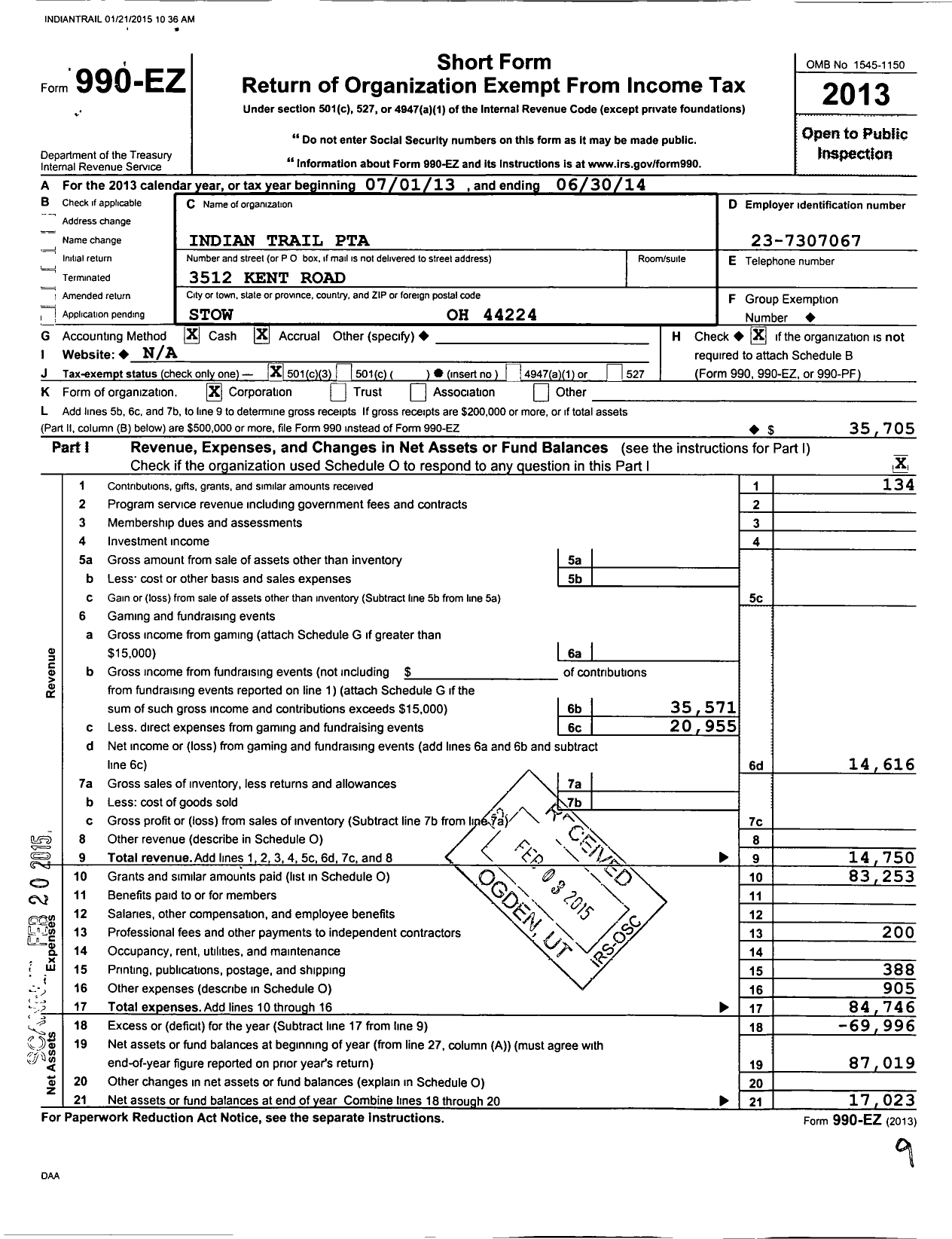 Image of first page of 2013 Form 990EZ for PTA Ohio Congress / Indian Trail El