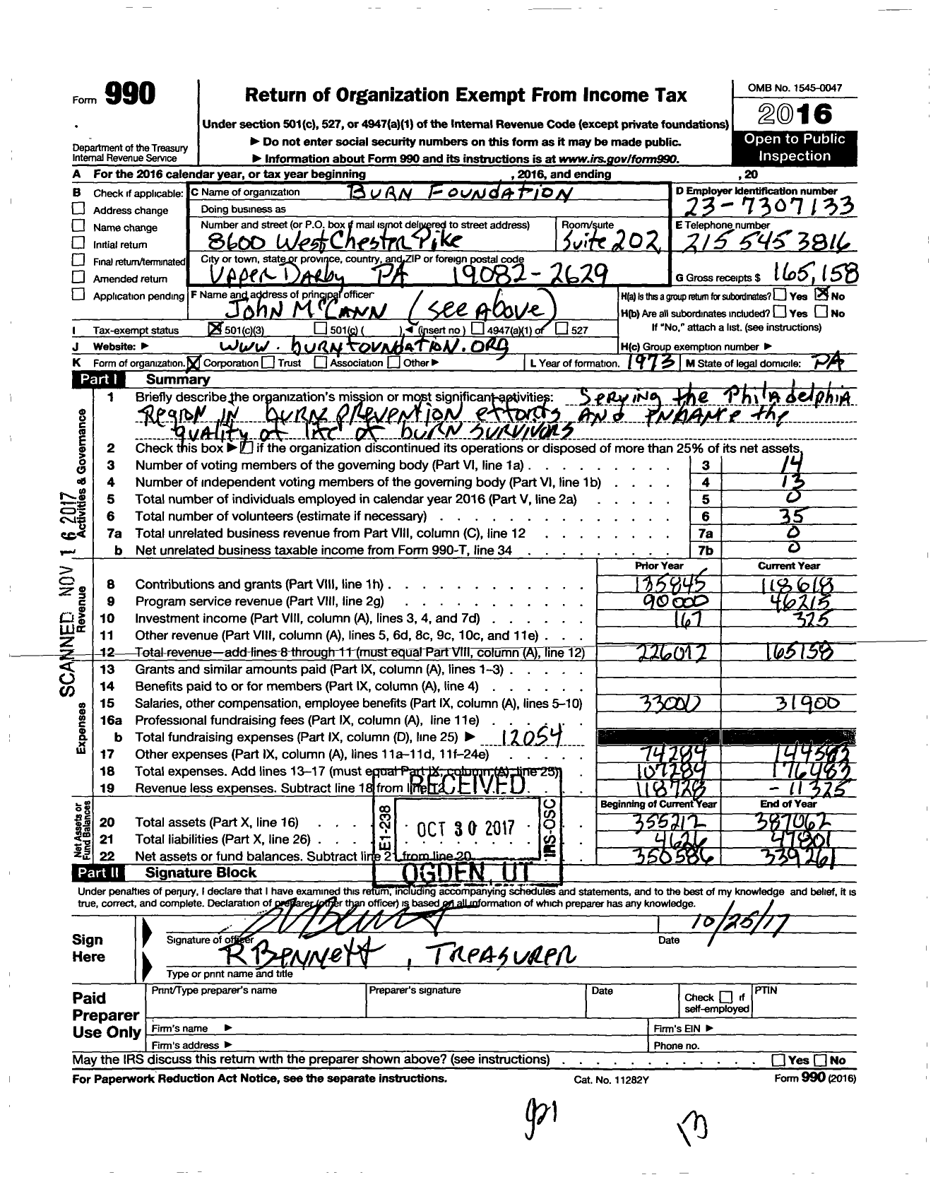 Image of first page of 2016 Form 990 for Burn Foundation