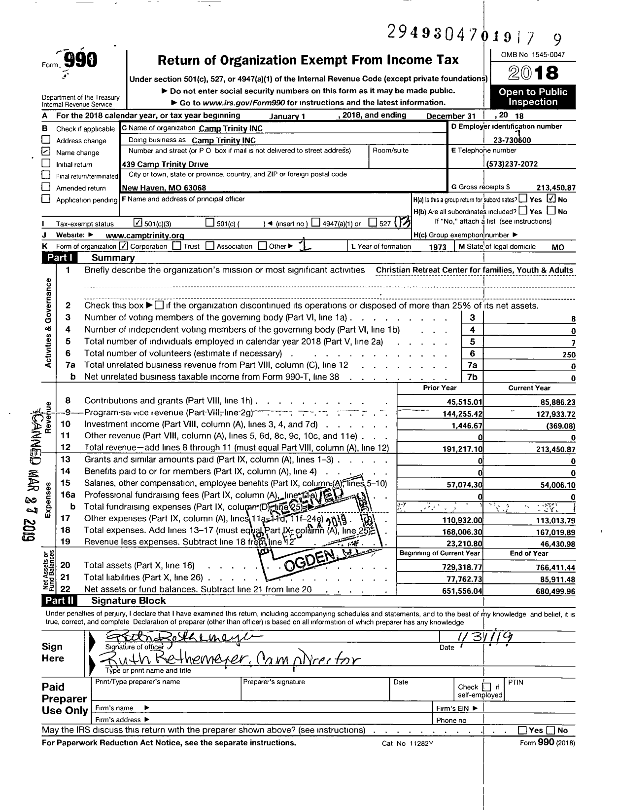 Image of first page of 2018 Form 990 for Camp Trinity