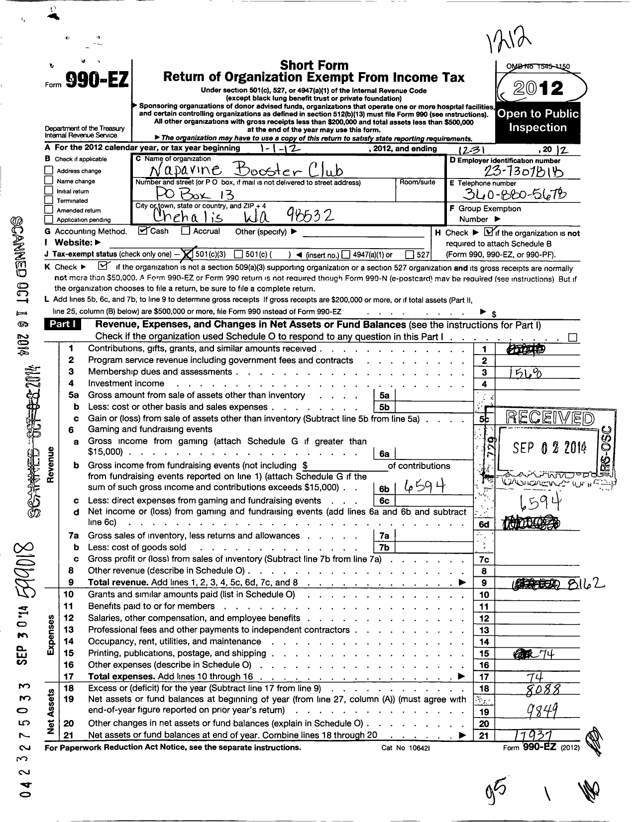 Image of first page of 2012 Form 990EZ for Napavine Booster Club