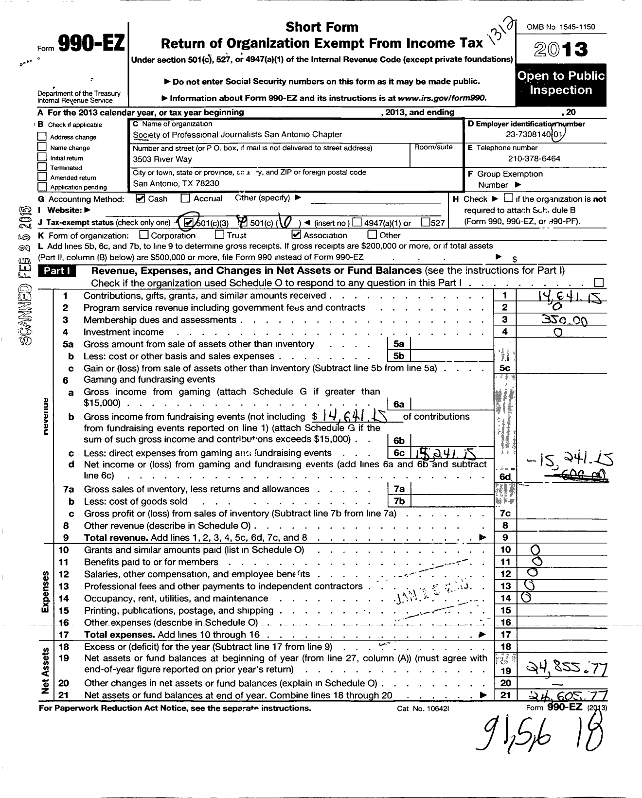 Image of first page of 2013 Form 990EO for Society of Professional Journalists / San Antonio Pro Chapter