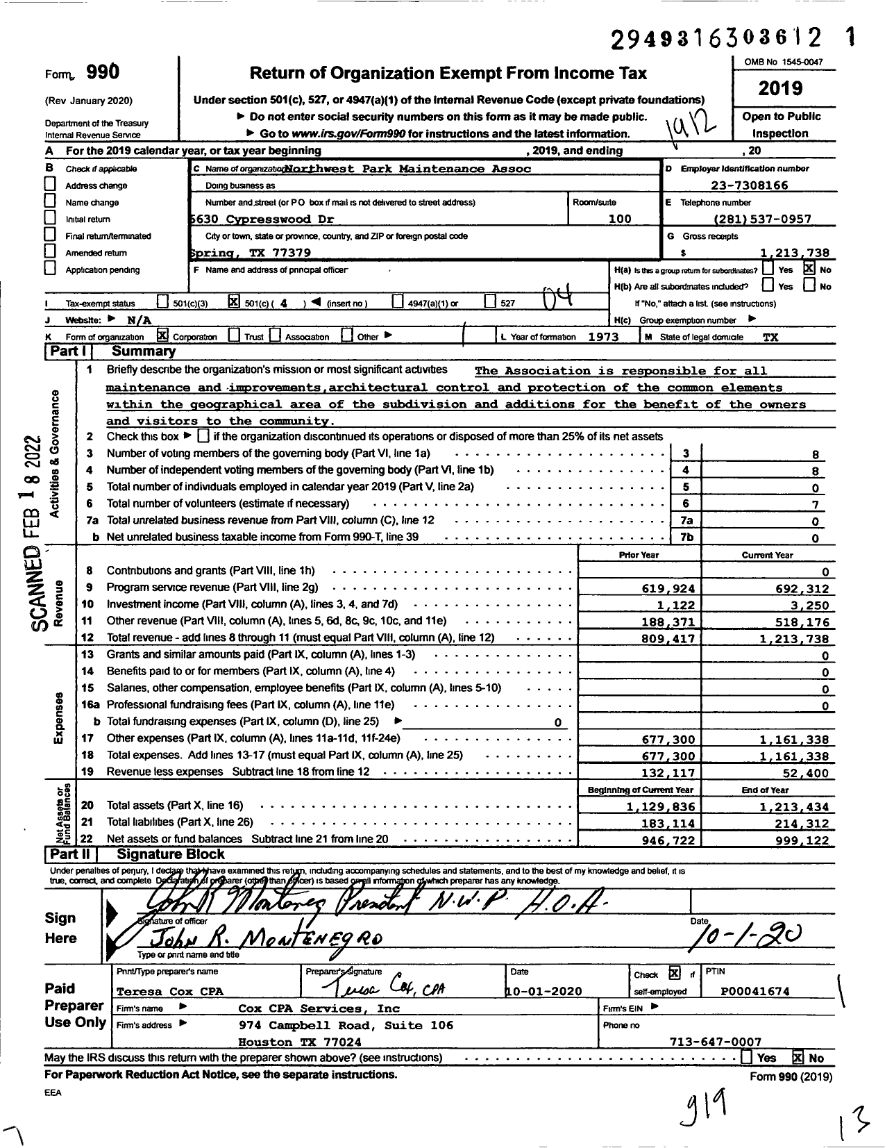 Image of first page of 2019 Form 990O for Northwest Park Maintenance Assoc