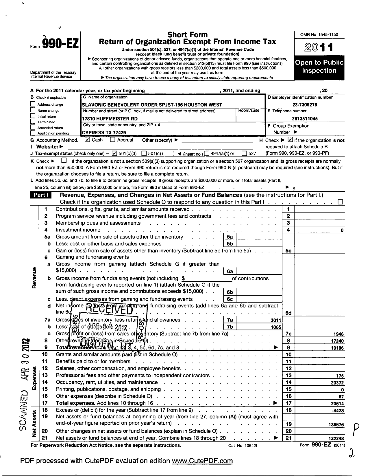 Image of first page of 2011 Form 990EZ for Slavonic Benevolent Order of the State of Texas - 196 Houston West