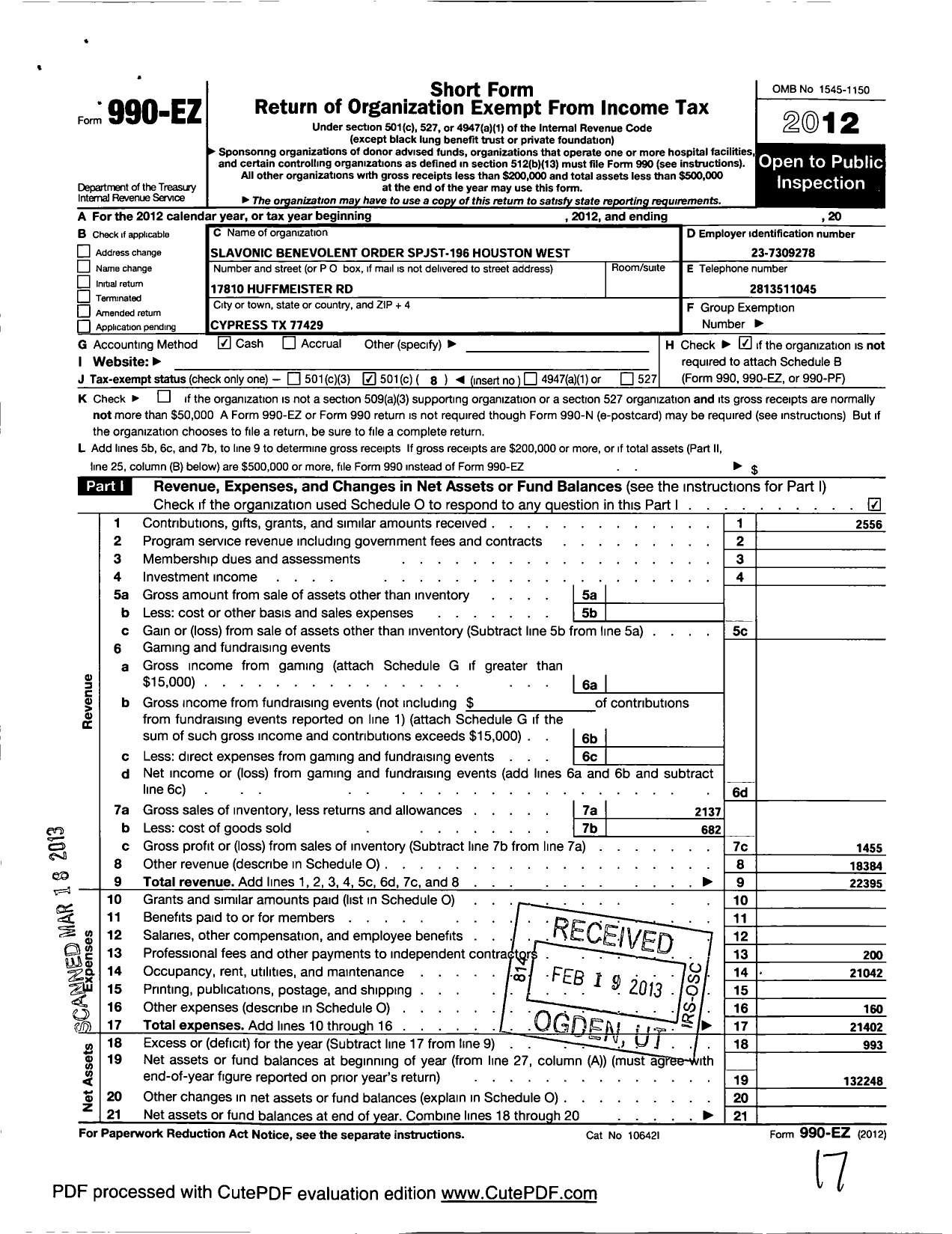 Image of first page of 2012 Form 990EO for Slavonic Benevolent Order of the State of Texas - 196 Houston West