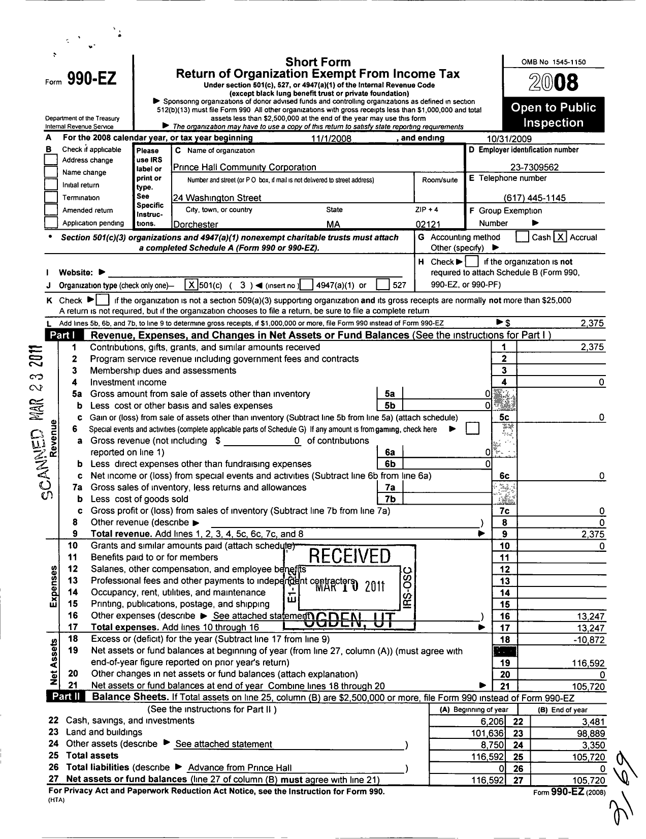 Image of first page of 2008 Form 990EZ for Prince Hall Community Corporation