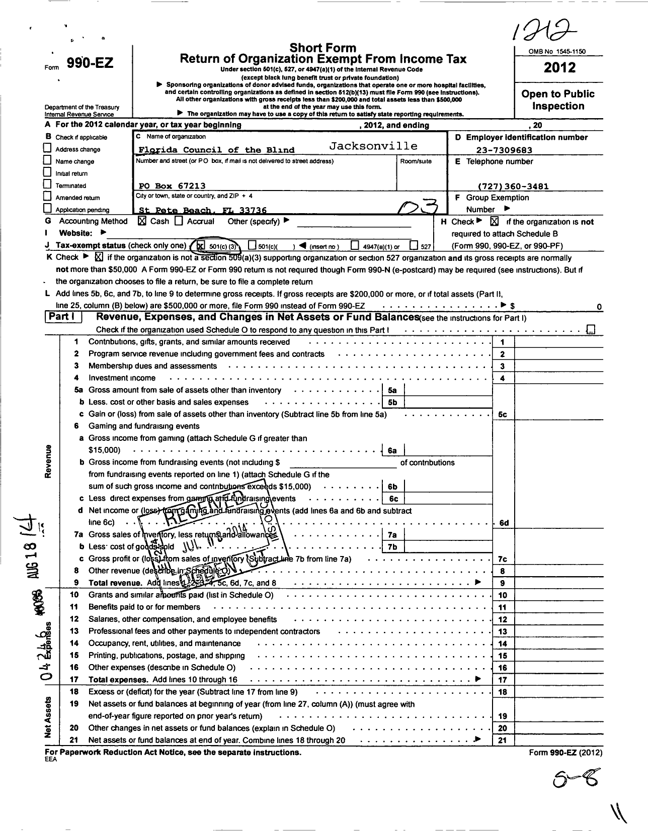 Image of first page of 2012 Form 990EZ for Florida Council of the Blind - Jacksonville Chapter 22