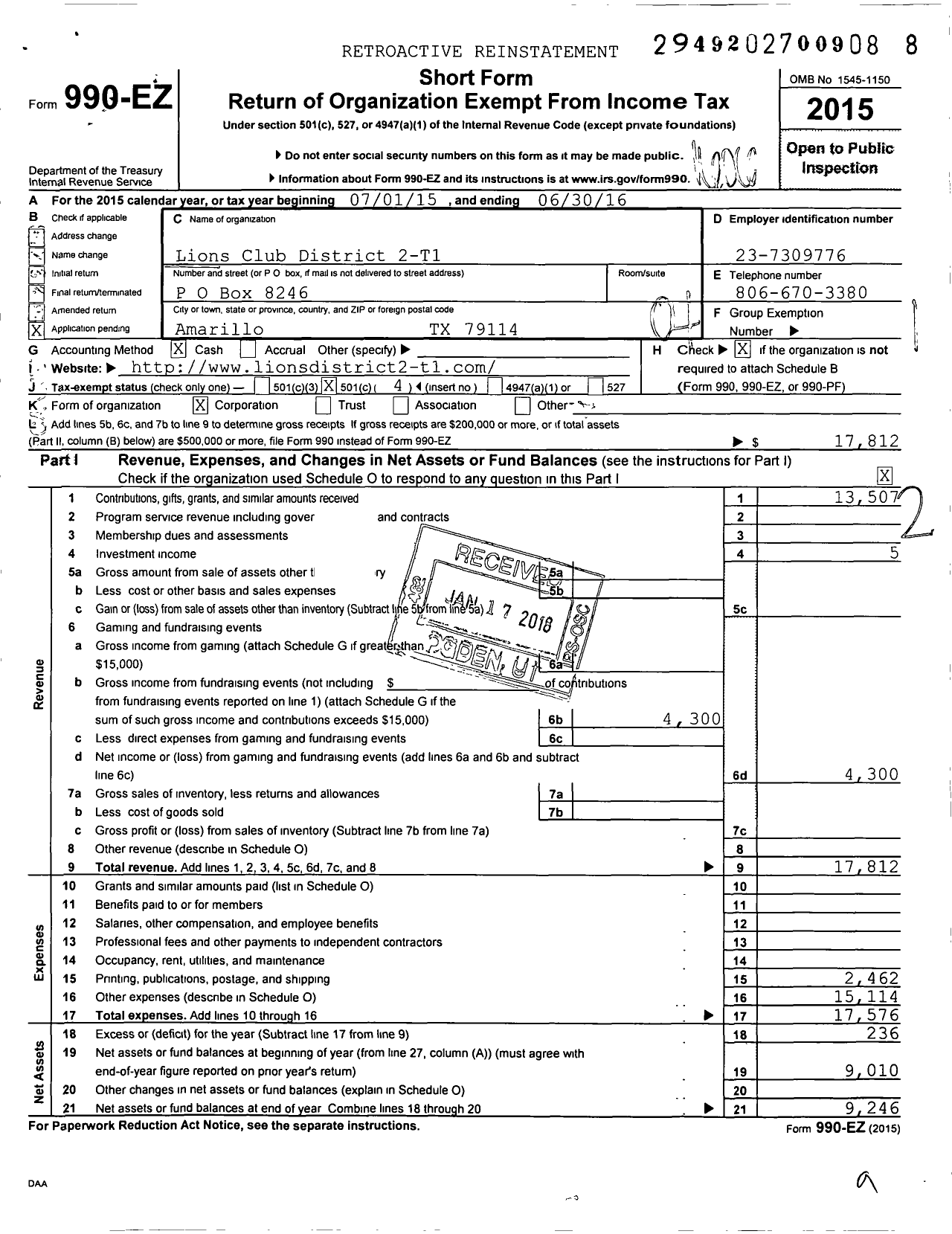 Image of first page of 2015 Form 990EO for District 2-t1 of the International Association of Lions Clubs