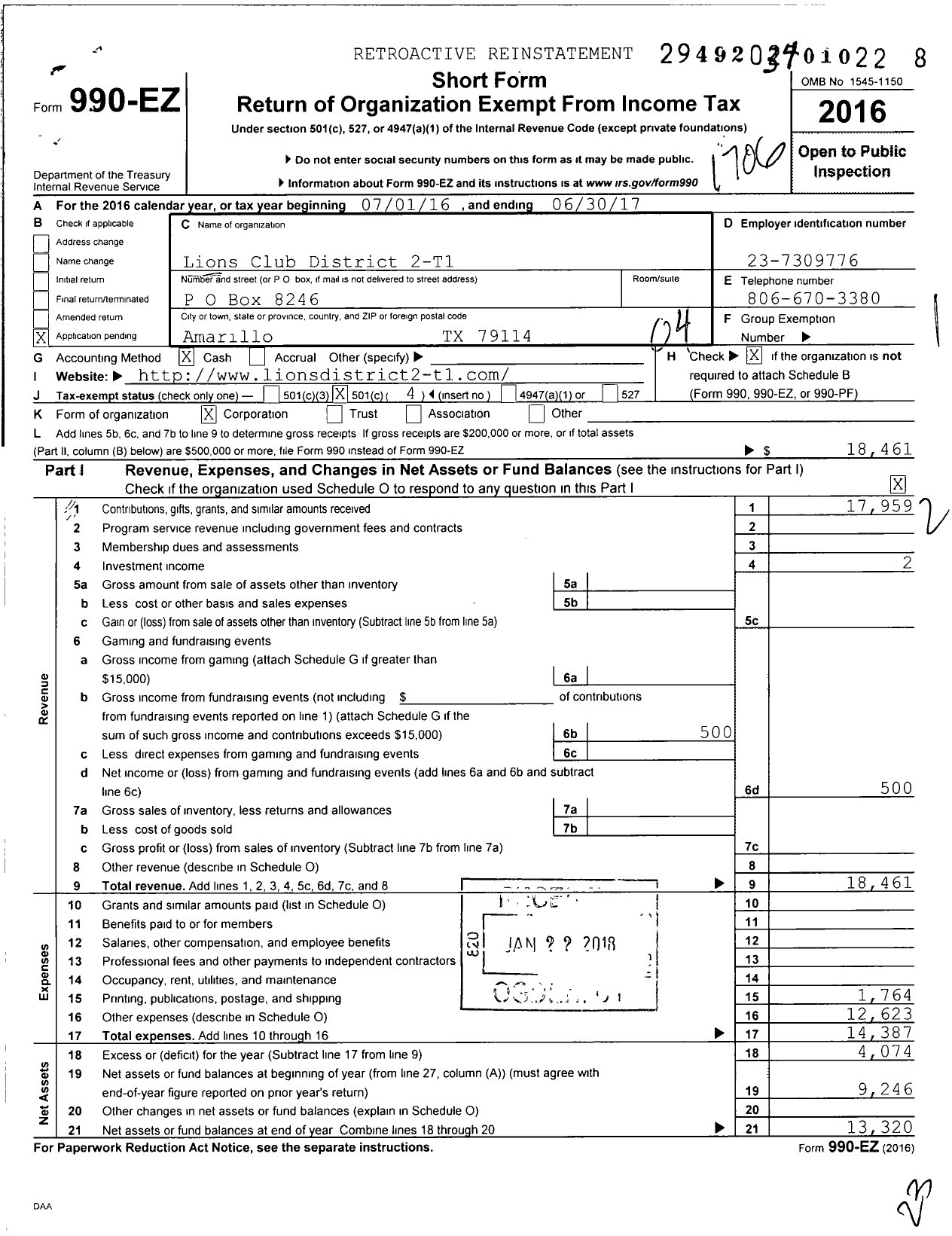 Image of first page of 2016 Form 990EO for District 2-t1 of the International Association of Lions Clubs